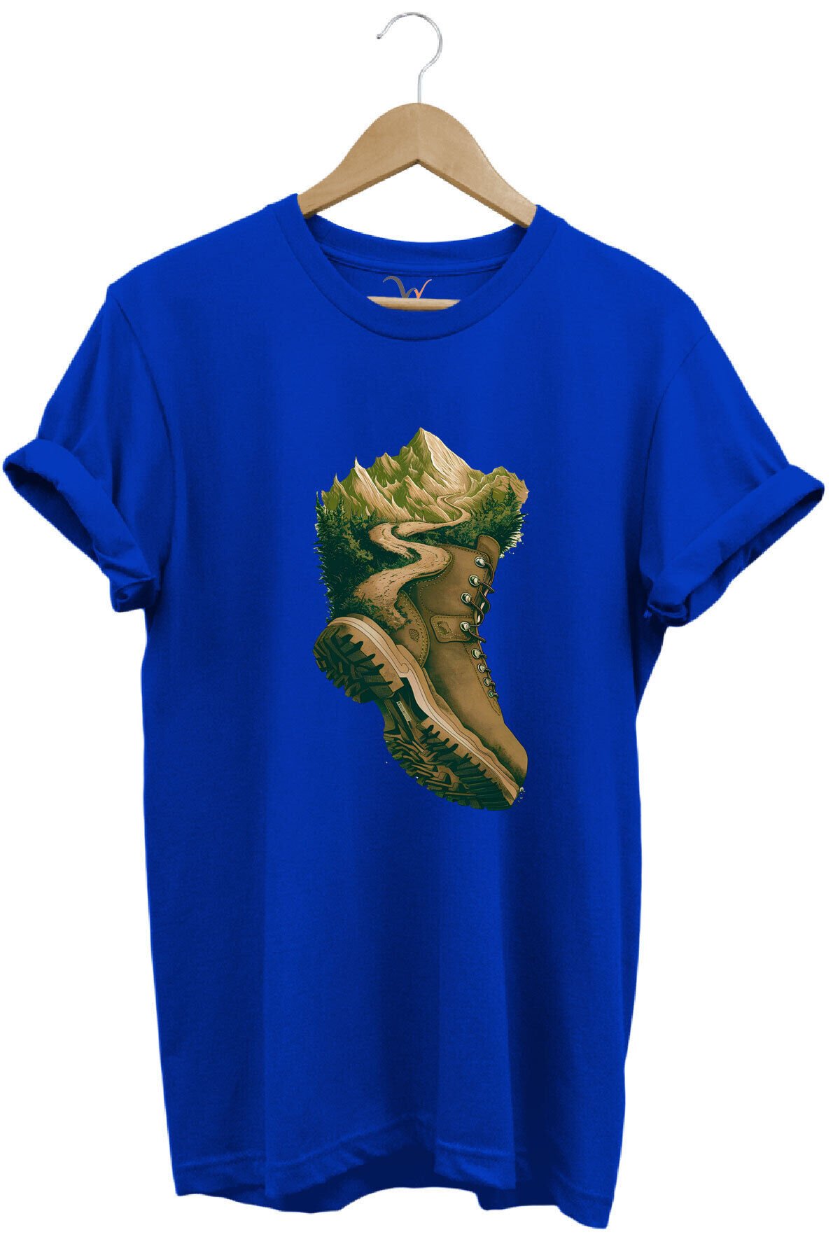 Outdoor Bot Ve Dağ Patika Yol Kamp Gezgin Baskılı %100 Pamuk Regular Fit Bisiklet Yaka Haki T-shirt Mavi - S