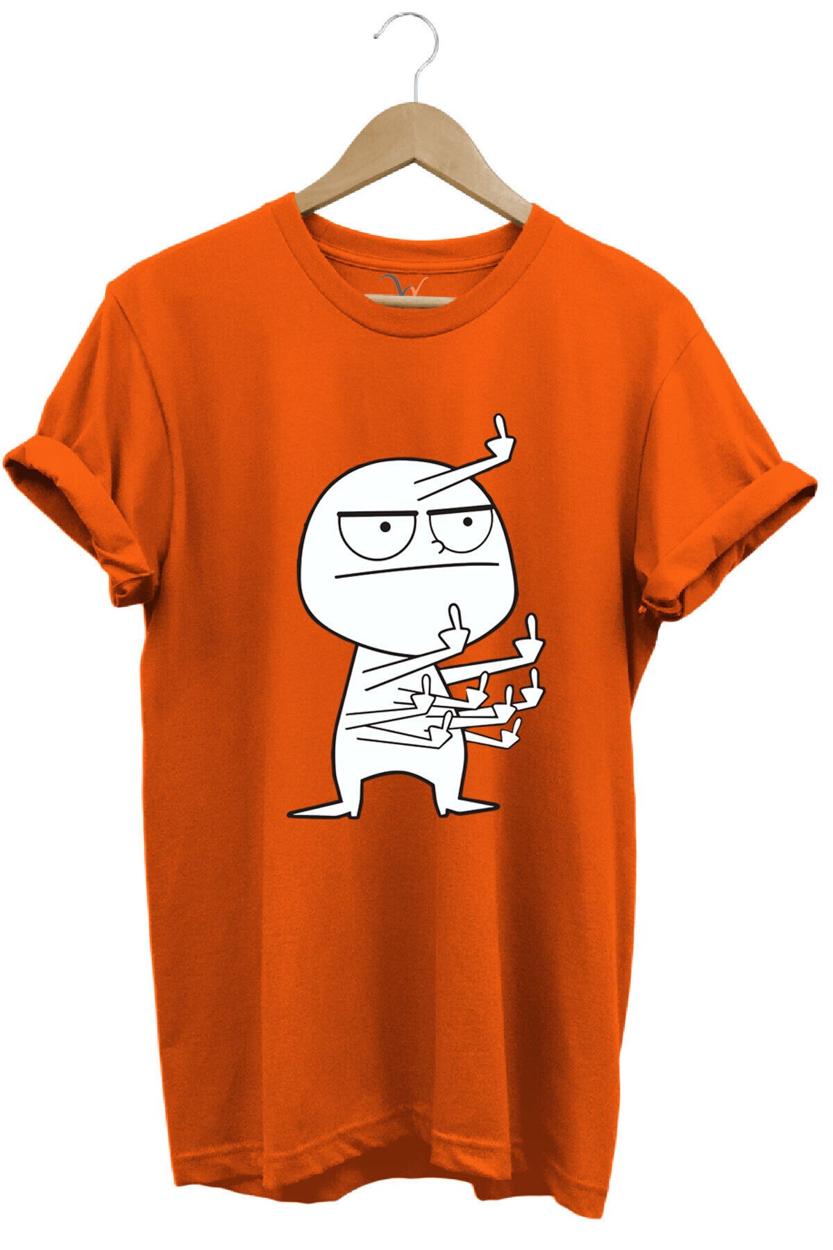 Eğlenceli Komik Orta Parmak Tasarım Baskılı %100 Pamuk Regular Fit Kırmızı T-shirt Turuncu - M
