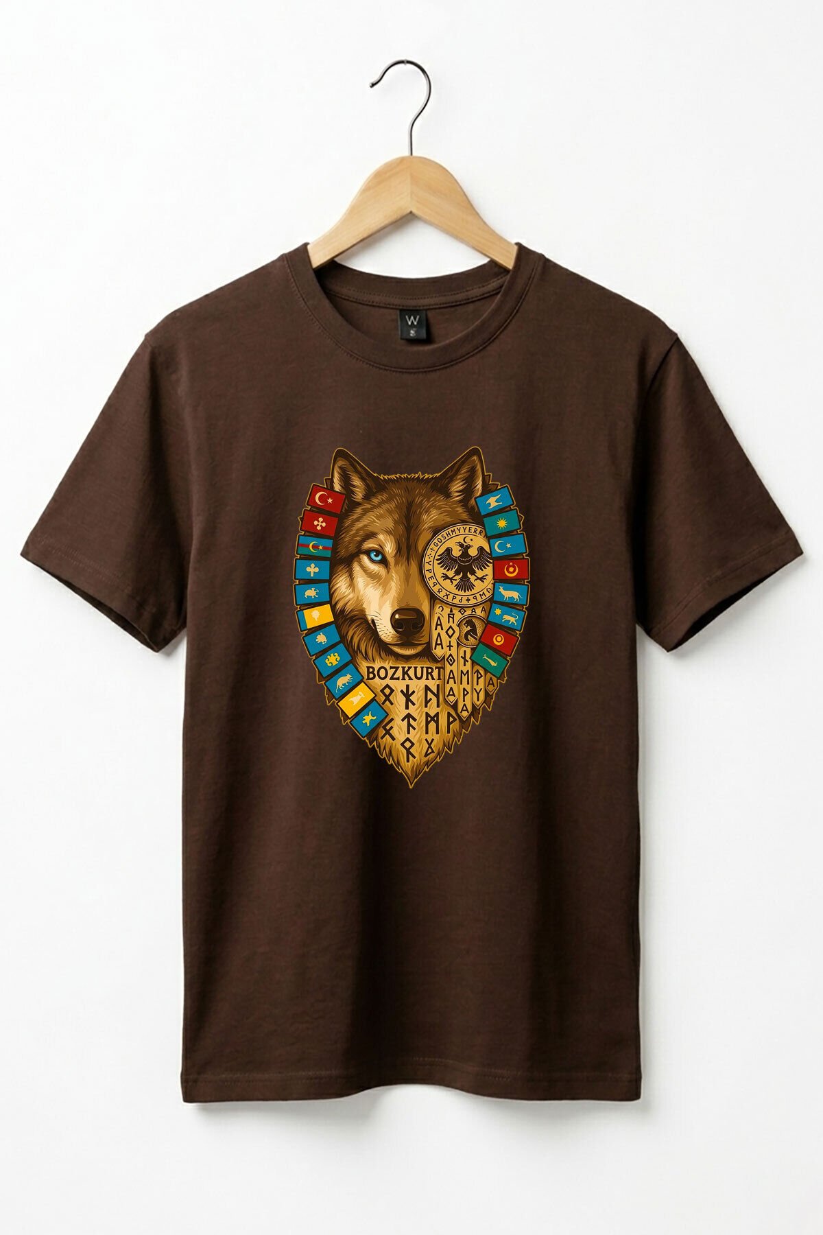 Bozkurt Göktürk Alfabeli ve Türk Devletleri Bayrakları Baskılı %100 Pamuk Regular Fit T-shirt Koyu Kahverengi - XL