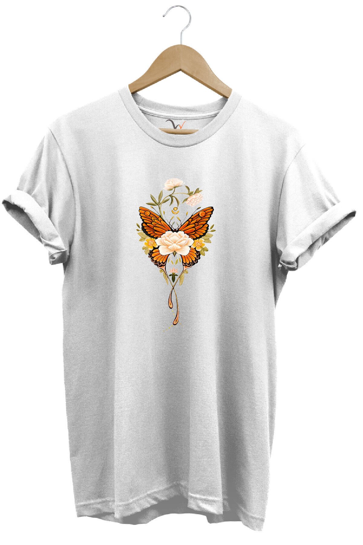Minimal Kelebek ve Çiçek Baskılı %100 Pamuk Regular Fit Bisiklet Yaka T-shirt Beyaz - M