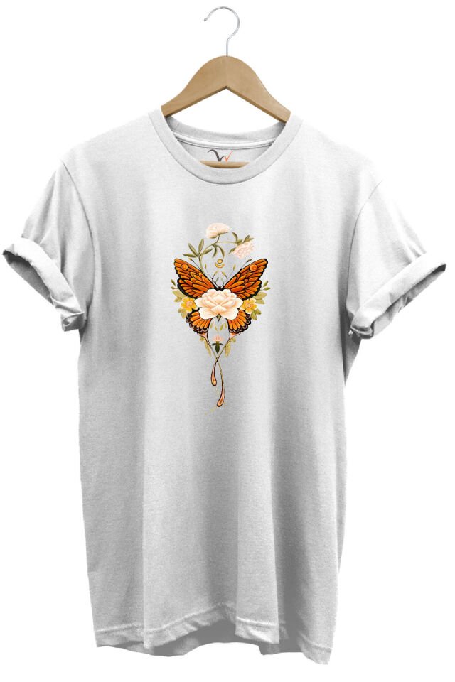 Minimal Kelebek ve Çiçek Baskılı %100 Pamuk Regular Fit Bisiklet Yaka T-shirt Beyaz - M
