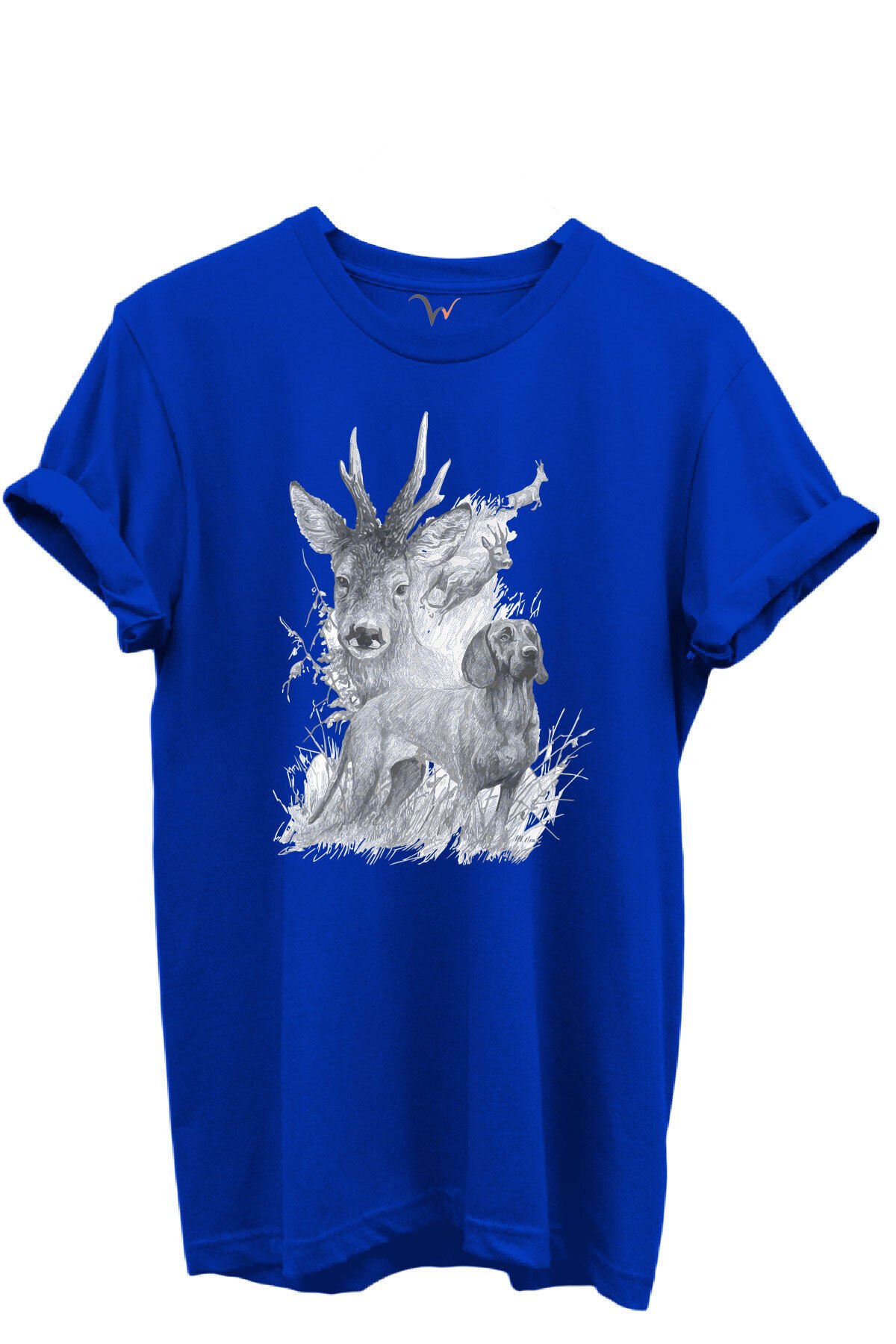 Geyik ve Av Köpeği Çizim Baskılı %100 Pamuk Regular Fit Bisiklet Yaka Unisex T-shirt Saks Mavi - 2XL
