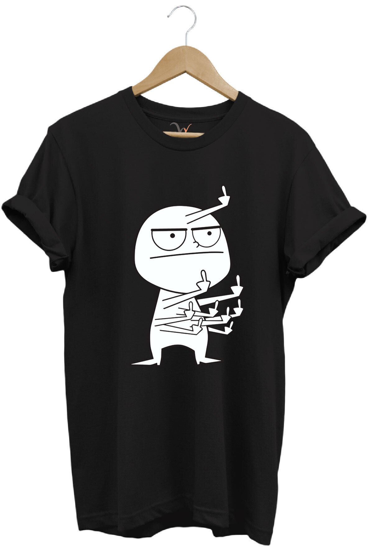 Eğlenceli Komik Orta Parmak Tasarım Baskılı %100 Pamuk Regular Fit Kırmızı T-shirt Siyah - 4XL