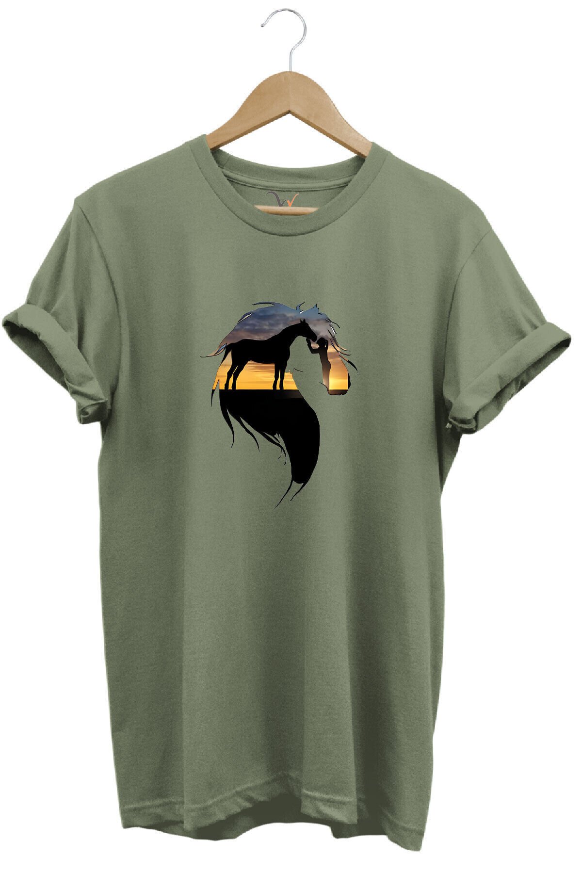 At Ve At Seven Kadın Baskılı %100 Pamuk Regular Fit Bisiklet Yaka Haki T-shirt Haki - L