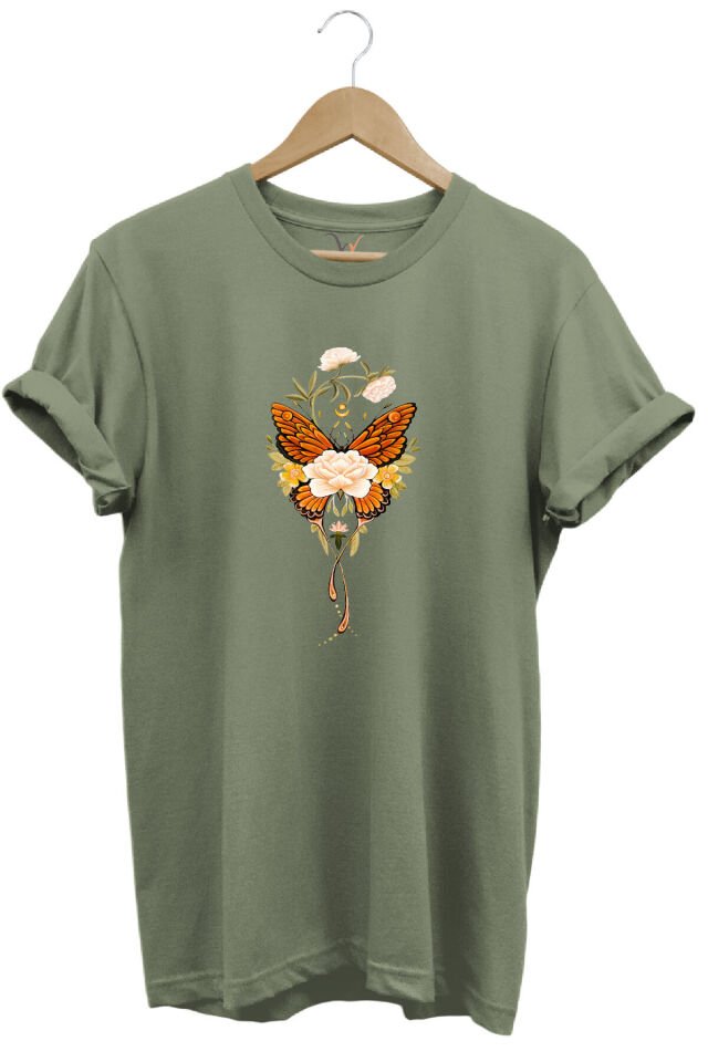 Minimal Kelebek ve Çiçek Baskılı %100 Pamuk Regular Fit Bisiklet Yaka T-shirt Haki - S