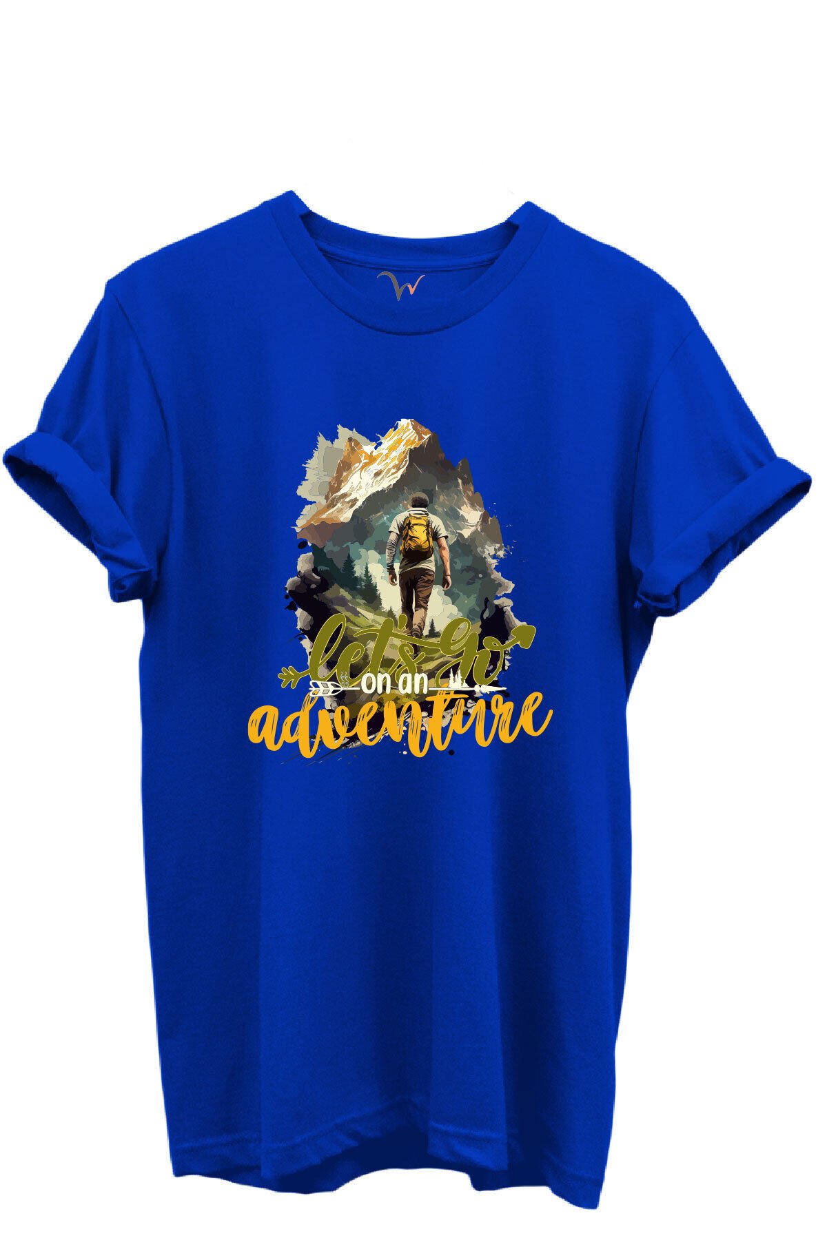 Let’s Go on an Adventure Yazılı Dağcı ve Doğa Temalı %100 Pamuk Regular Fit Unisex T-Shirt Mavi - XL