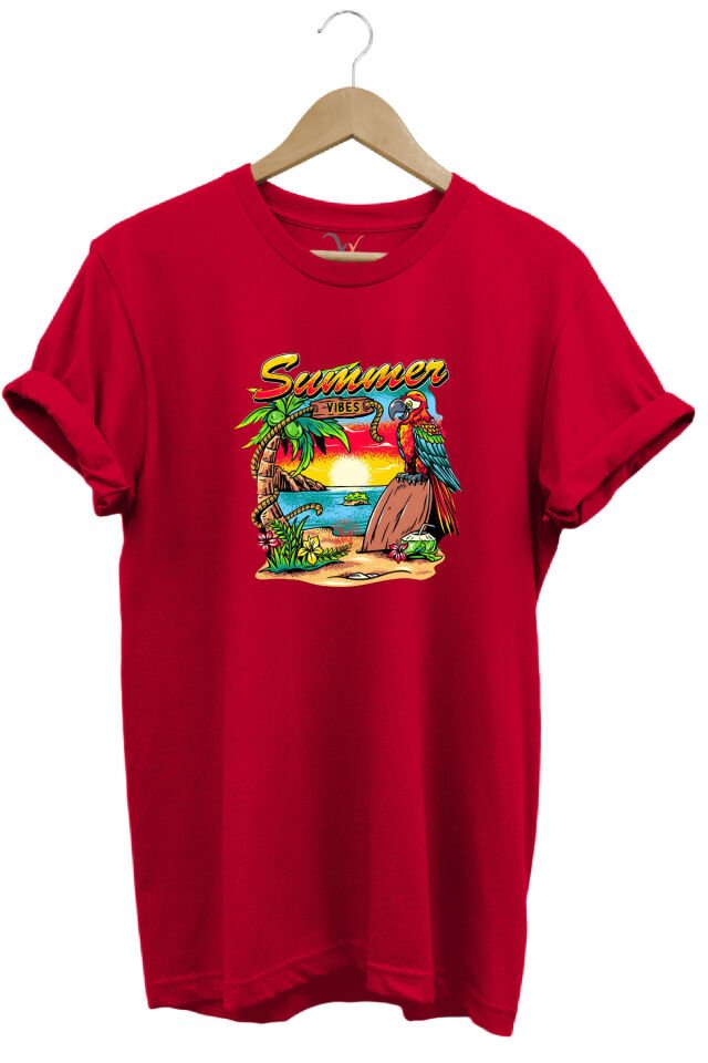 Renkli Summer Vibes Tasarım Baskılı Ve Papağan %100 Pamuk Regular Fit Premium Gri T-shirt Kırmızı - L