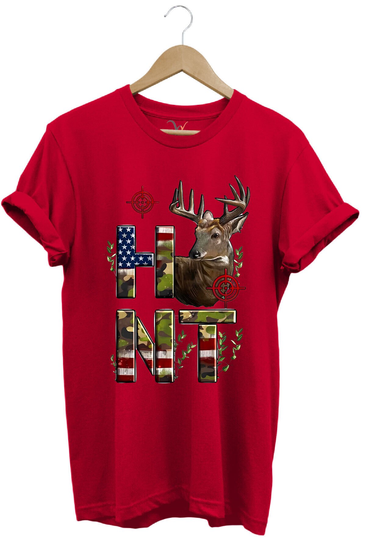 Hunting Avcılık Geyik ve Kamuflaj Hunt Yazı Baskılı %100 Pamuk Regular Fit Bisiklet Yaka T-Shirt Kırmızı - S