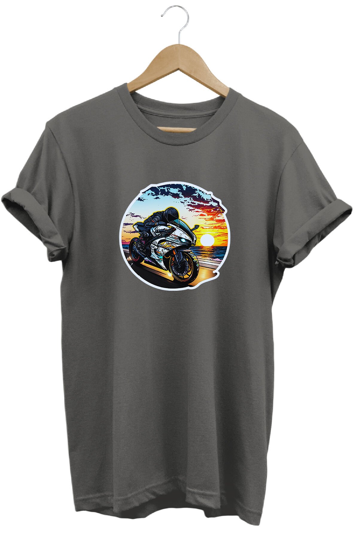 Unisex Motosiklet Temalı Grafik Baskılı Bisiklet Yaka Tişört T-shirt Antrasit - S