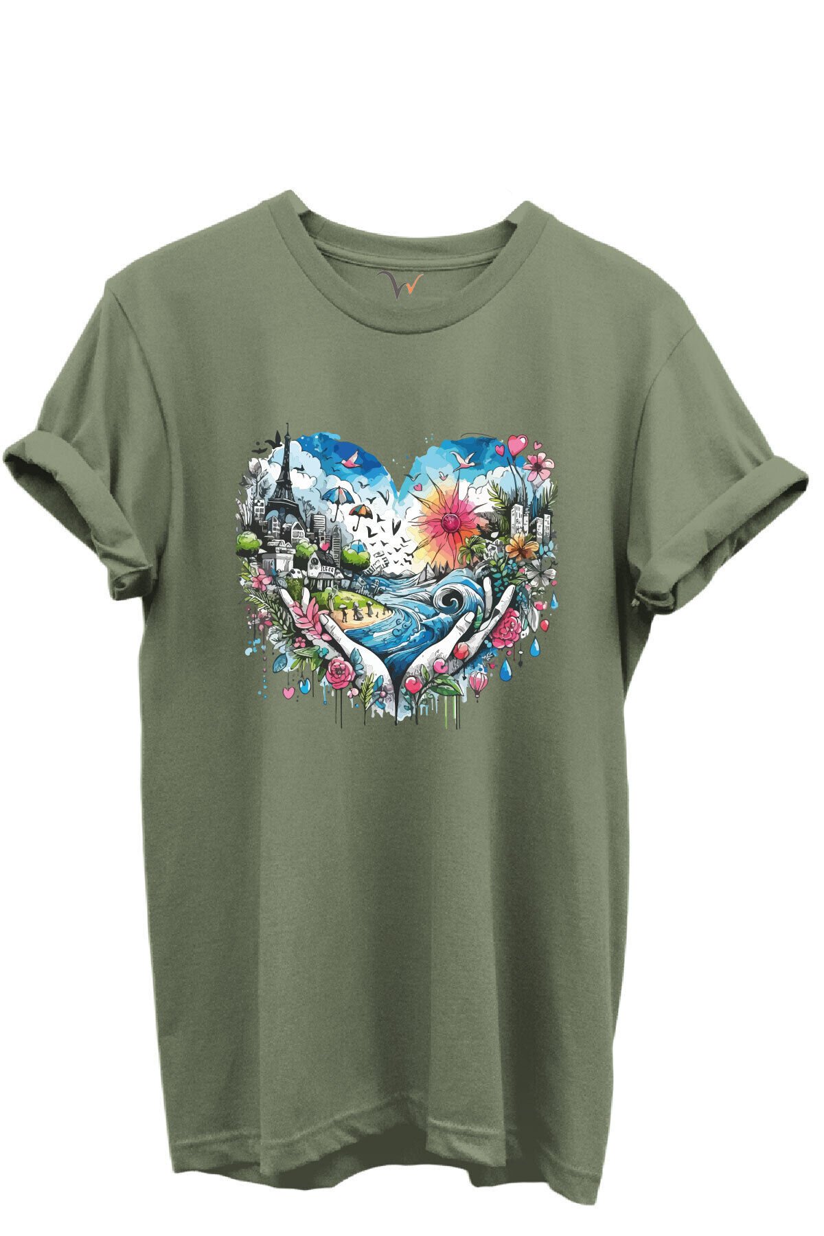 Kalp Şehir Manzaralı Renkli Baskılı %100 Pamuk Regular Fit Unisex T-Shirt Haki - 3XL