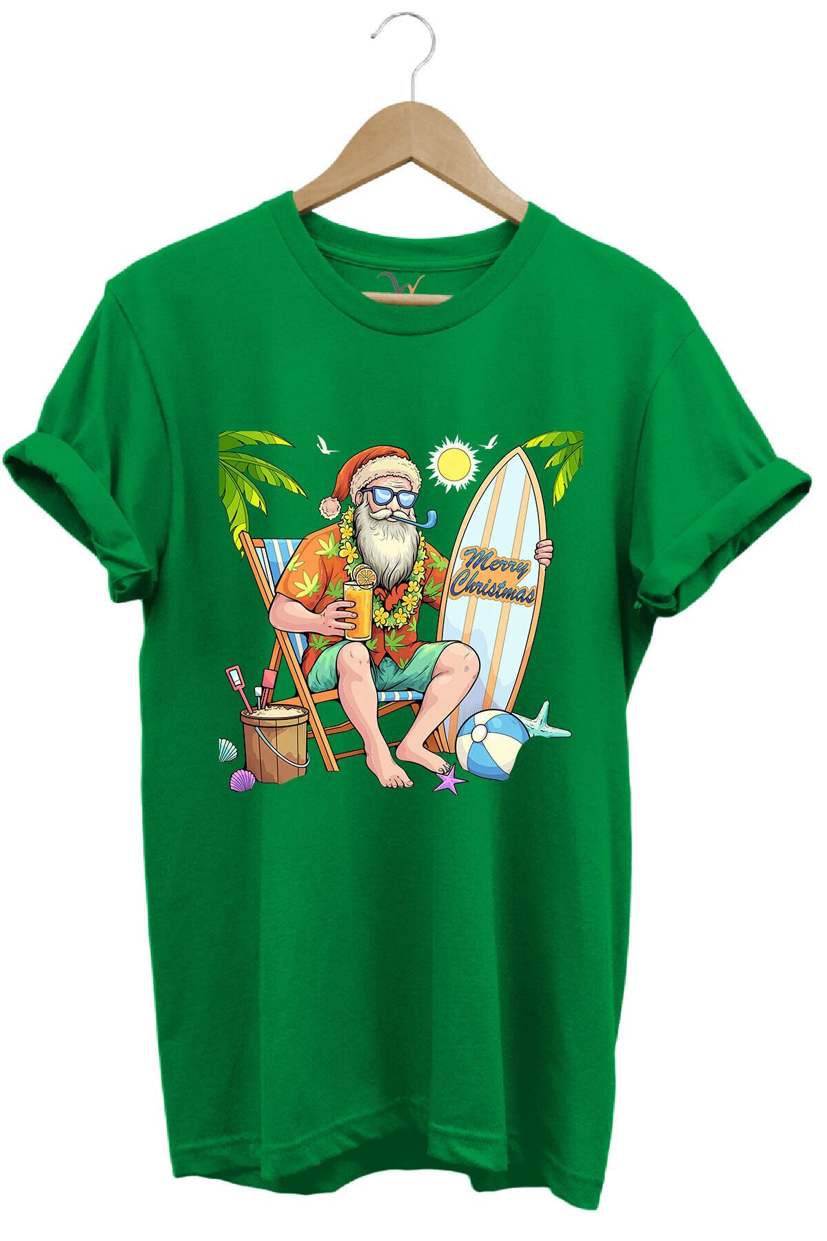 Merry Christmas Yaz Temalı Plajda Noel Baba Baskılı %100 Pamuk Unisex Regular Fit T-Shirt Yeşil - L