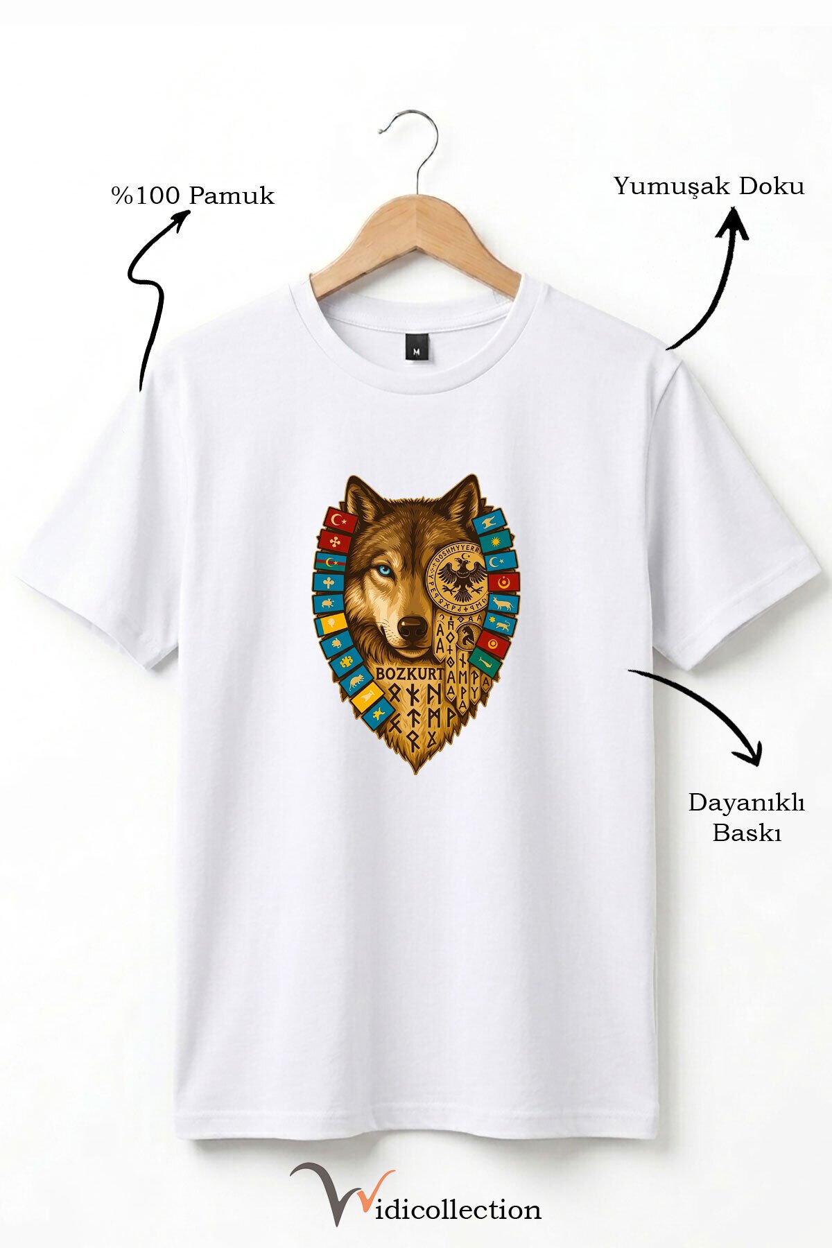 Bozkurt Göktürk Alfabeli ve Türk Devletleri Bayrakları Baskılı %100 Pamuk Regular Fit T-shirt Beyaz - XL