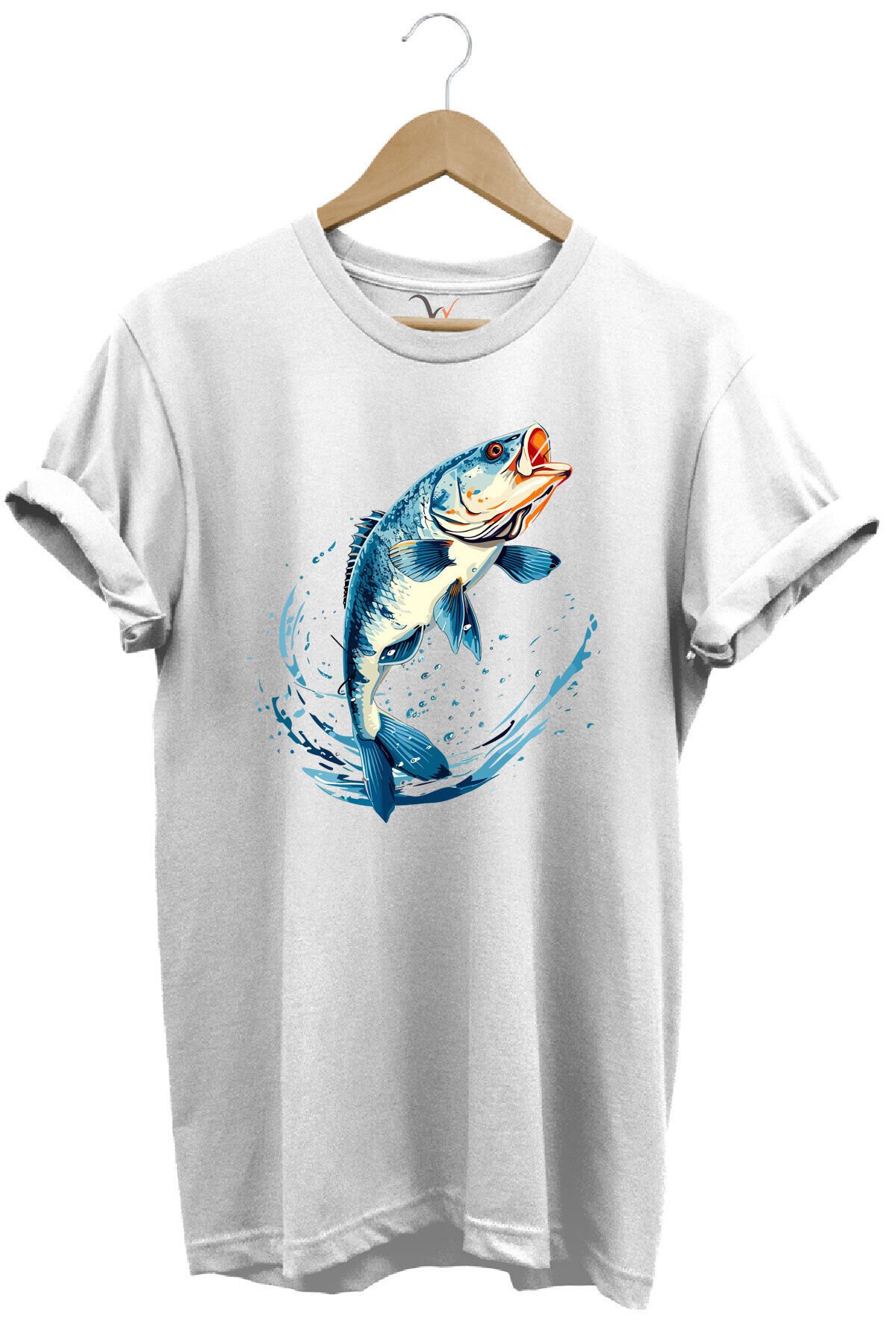 Balıkçılık Levrek Balığı Baskılı Renkli Tasarım %100 Pamuk Regular Fit Bisiklet Yaka Kırmızı T-shirt Beyaz - 2XL