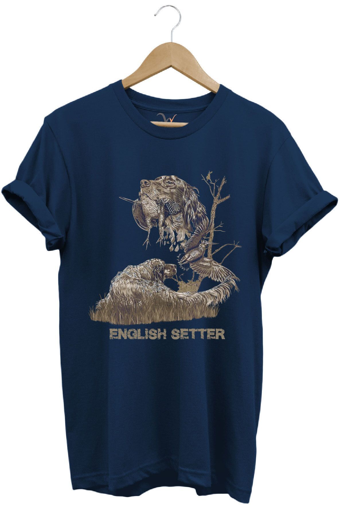 Avcılık Hunter Ağaçlı English Setter Çulluk Yazı Baskılı %100 Pamuk Regular Fit Yeşil T-shirt Lacivert - 3XL