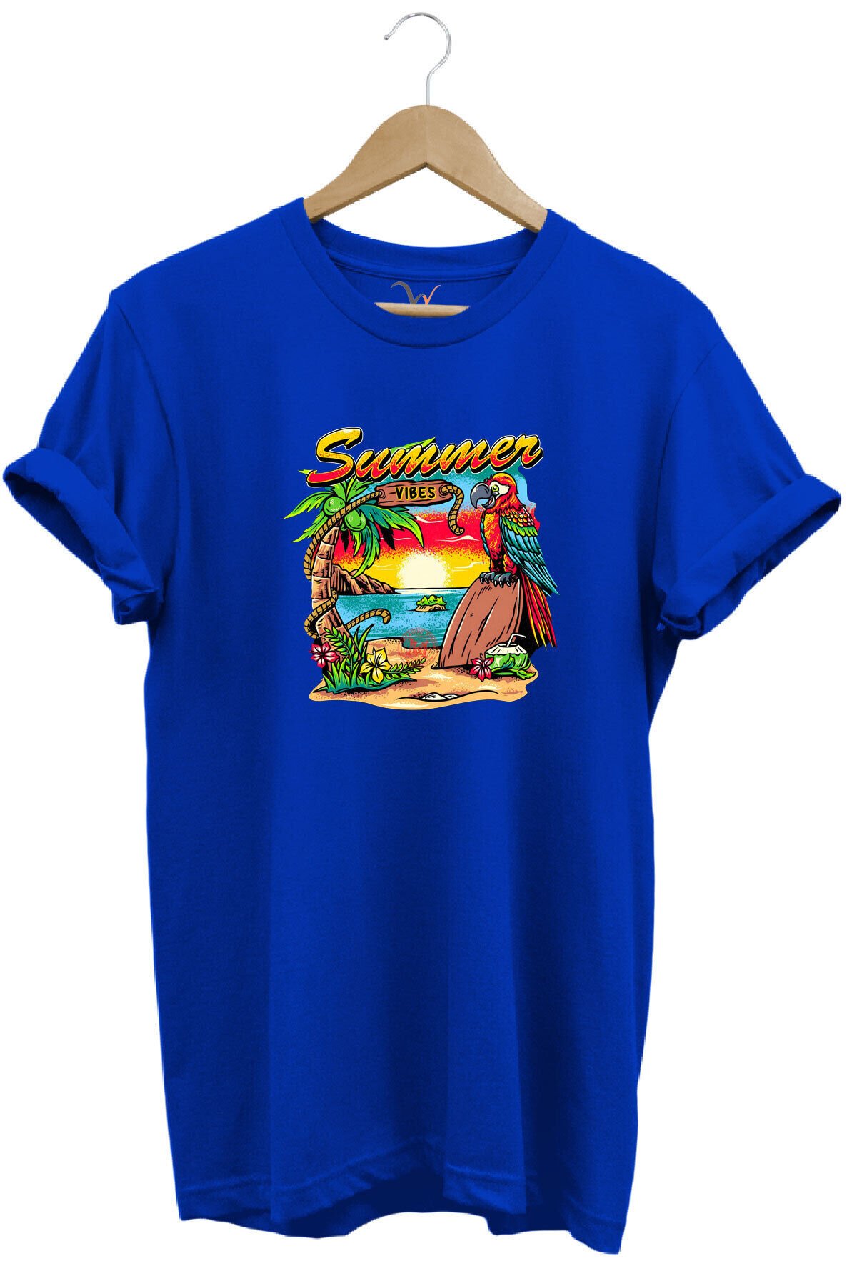 Renkli Summer Vibes Tasarım Baskılı Ve Papağan %100 Pamuk Regular Fit Premium Gri T-shirt Mavi - 2XL