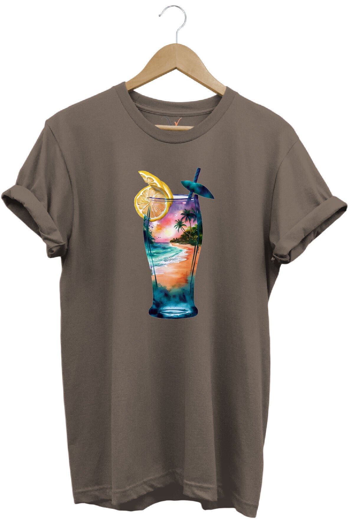 Summer Yaz Havasa ve Kokteyl Baskılı %100 Pamuk Unisex Regular Fit T-Shirt Kahverengi - 3XL