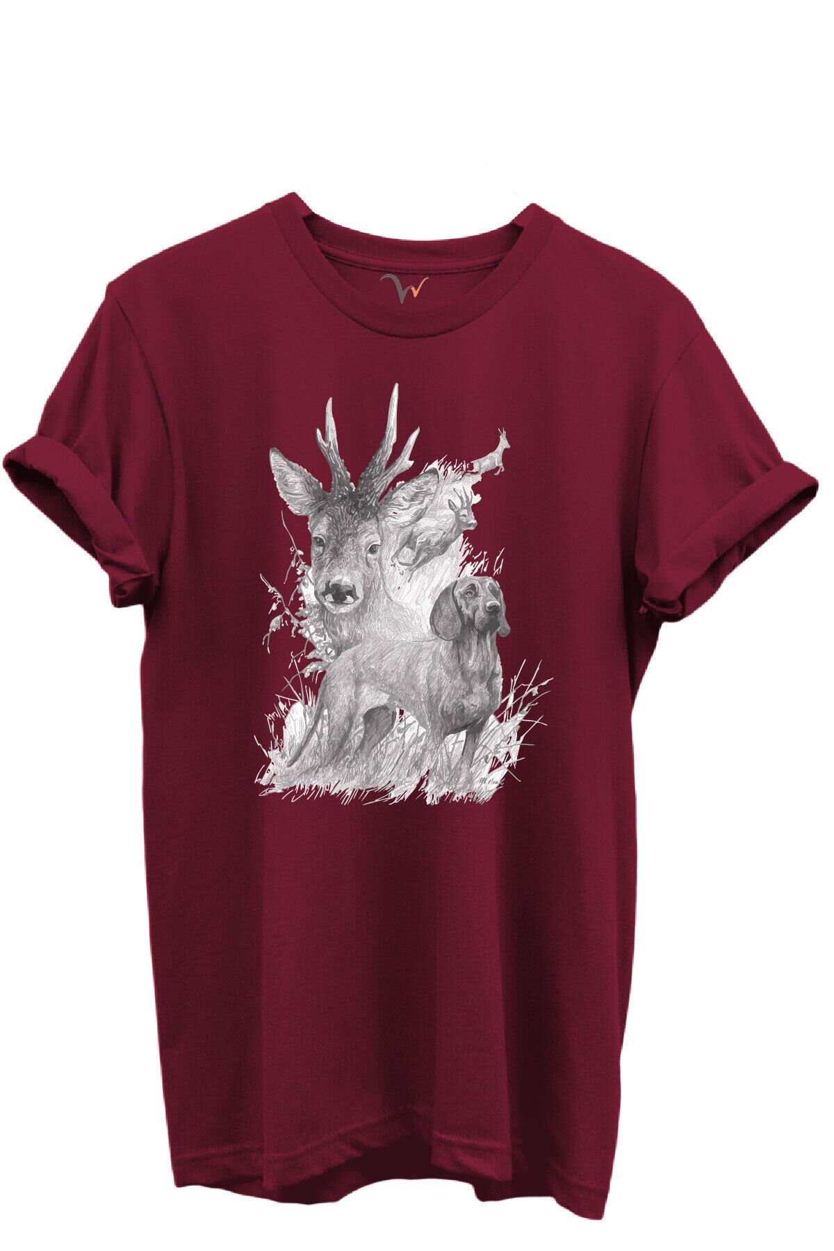 Geyik ve Av Köpeği Çizim Baskılı %100 Pamuk Regular Fit Bisiklet Yaka Unisex T-shirt Bordo - XL