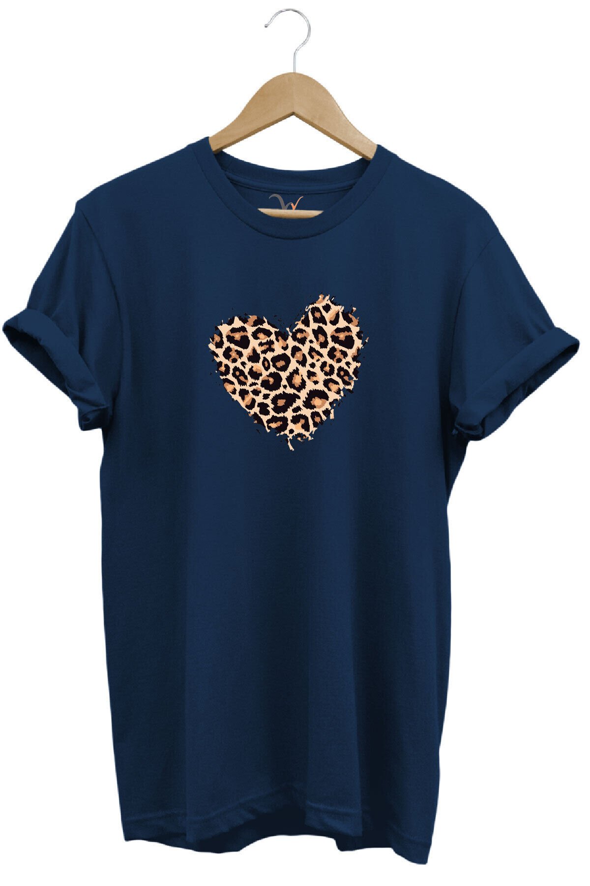 Leopar Desenli Kalp Baskılı %100 Pamuk Regular Fit Bisiklet Yaka Lacivert T-shirt Lacivert - XL