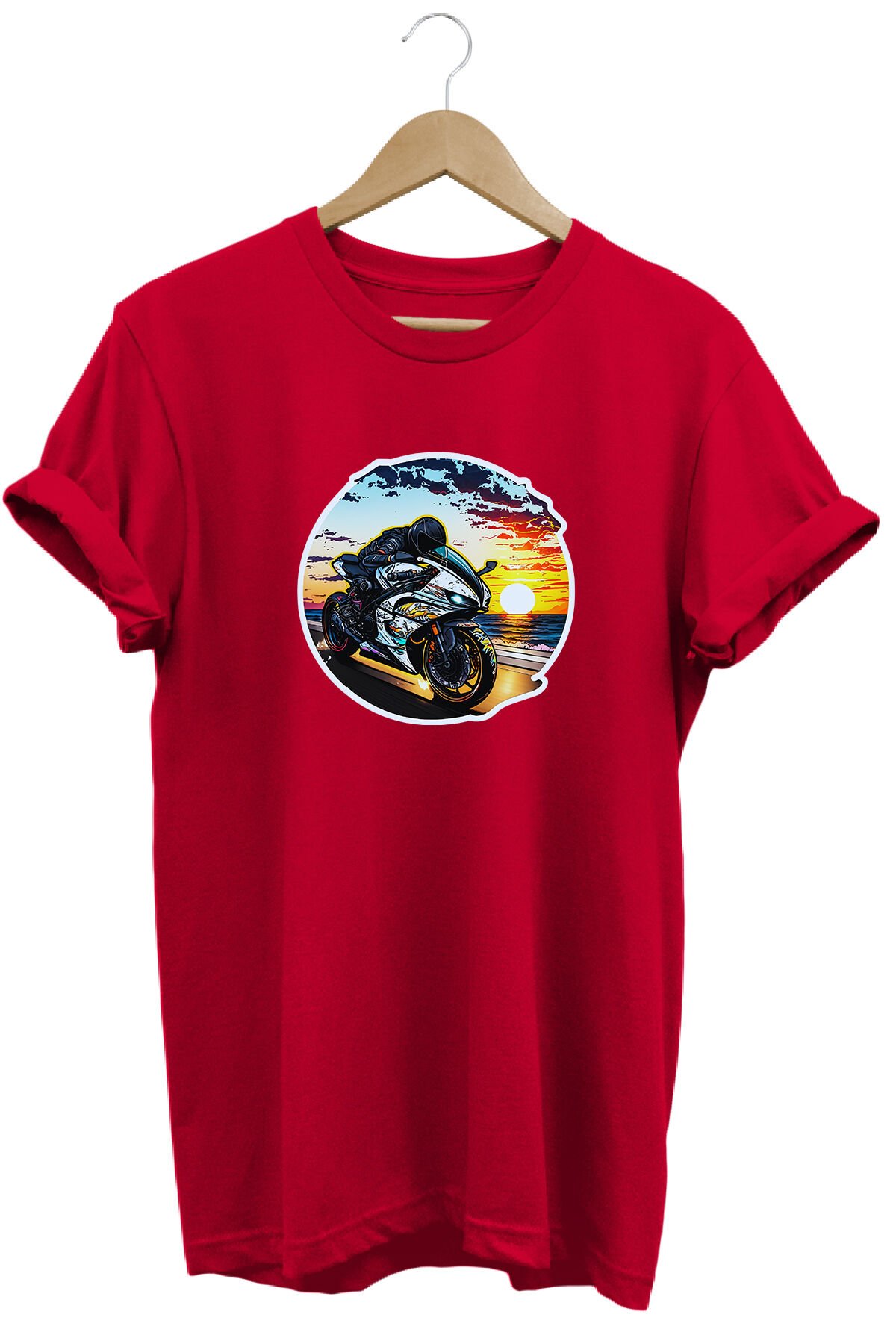 Unisex Motosiklet Temalı Grafik Baskılı Bisiklet Yaka Tişört T-shirt Kırmızı - S