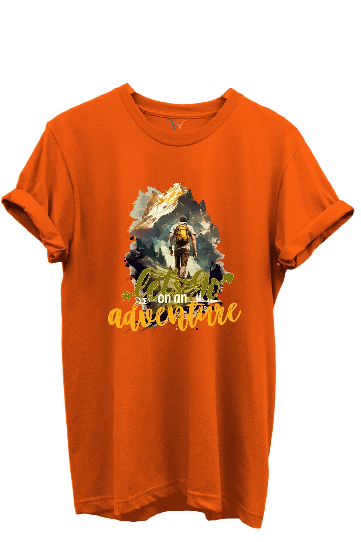 Let’s Go on an Adventure Yazılı Dağcı ve Doğa Temalı %100 Pamuk Regular Fit Unisex T-Shirt Turuncu - M