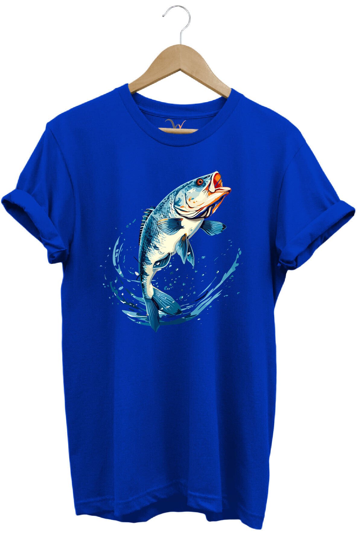 Balıkçılık Levrek Balığı Baskılı Renkli Tasarım %100 Pamuk Regular Fit Bisiklet Yaka Kırmızı T-shirt Mavi - M