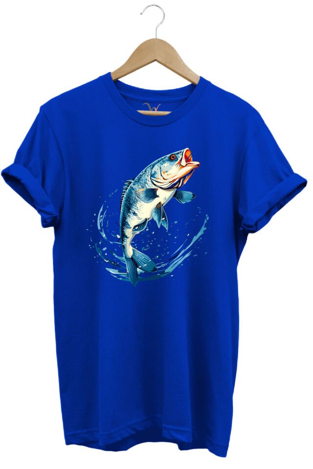 Balıkçılık Levrek Balığı Baskılı Renkli Tasarım %100 Pamuk Regular Fit Bisiklet Yaka Kırmızı T-shirt Mavi - M