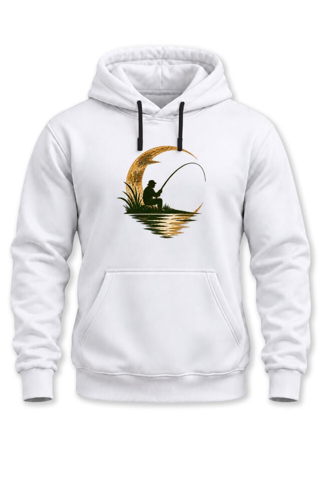 Balıkçı Baskılı Unisex Kapüşonlu Sweatshirt – Olta Balıkçılığı Ay Temalı Fishing Hoodie
