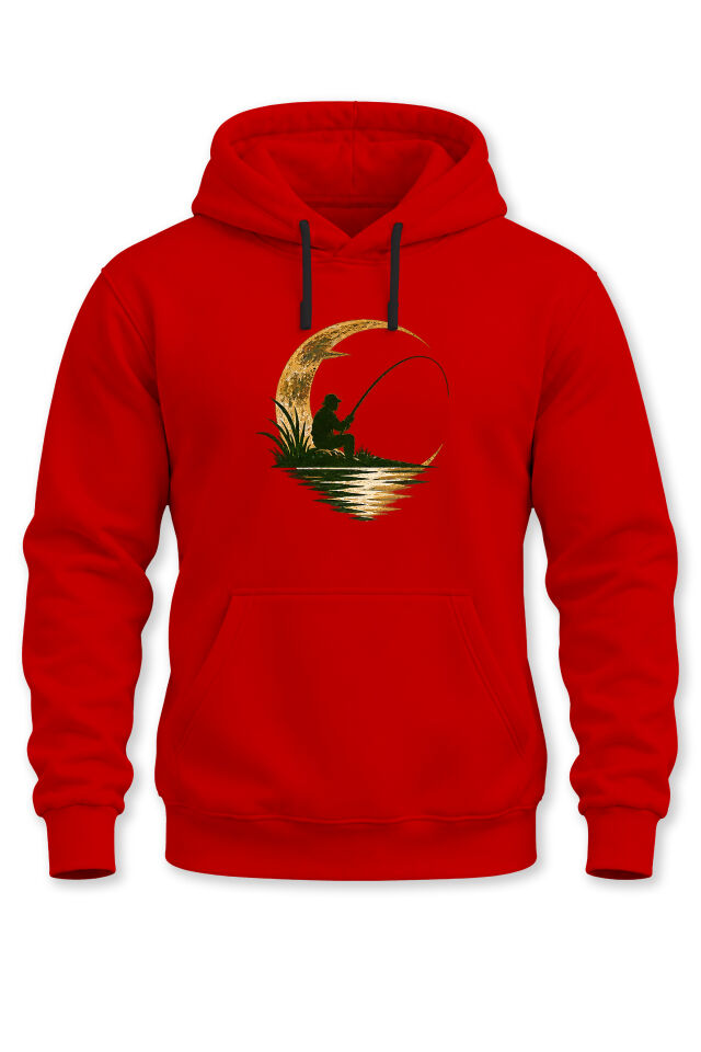 Balıkçı Baskılı Unisex Kapüşonlu Sweatshirt – Olta Balıkçılığı Ay Temalı Fishing Hoodie