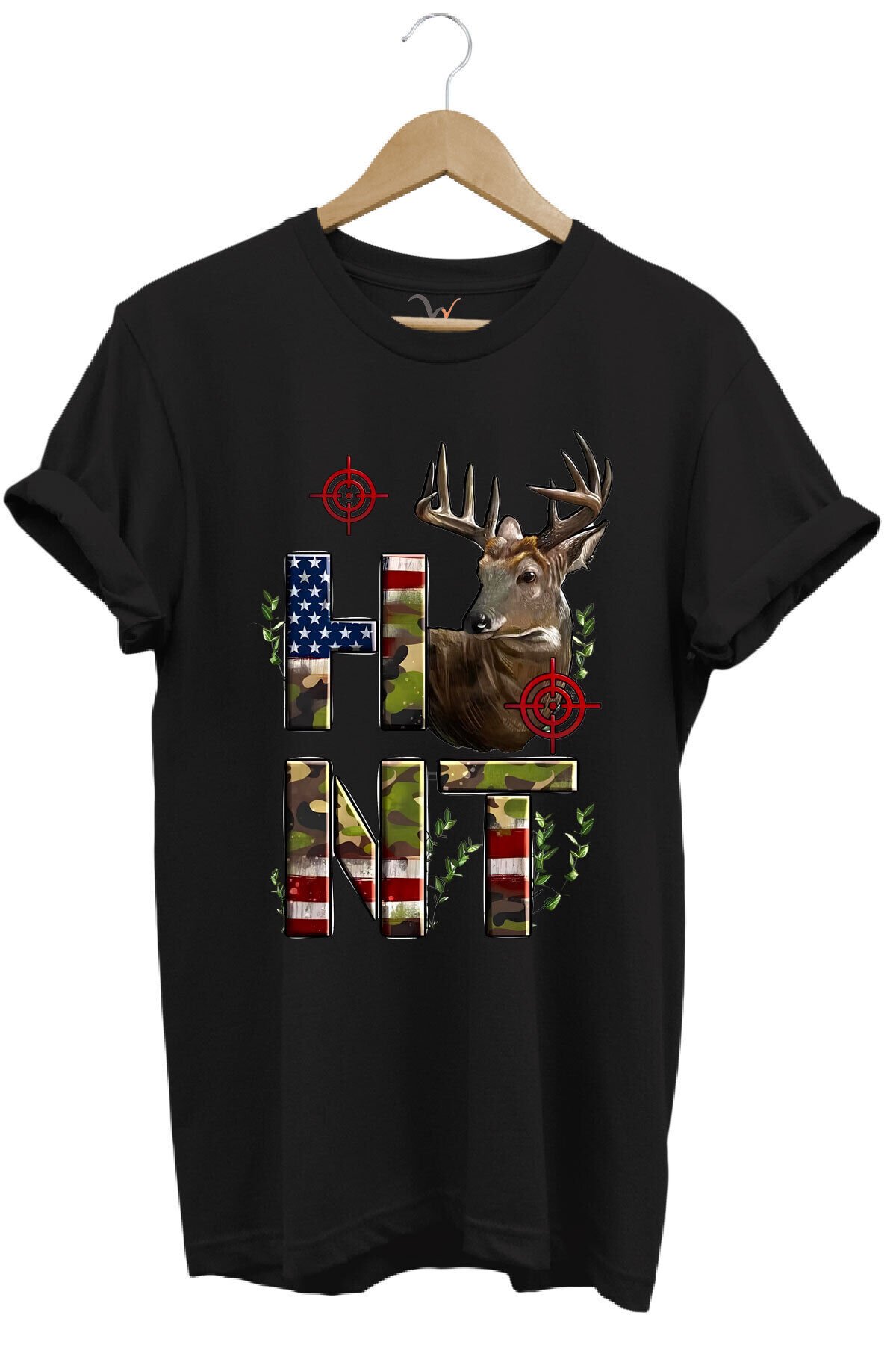 Hunting Avcılık Geyik ve Kamuflaj Hunt Yazı Baskılı %100 Pamuk Regular Fit Bisiklet Yaka T-Shirt Siyah - 2XL