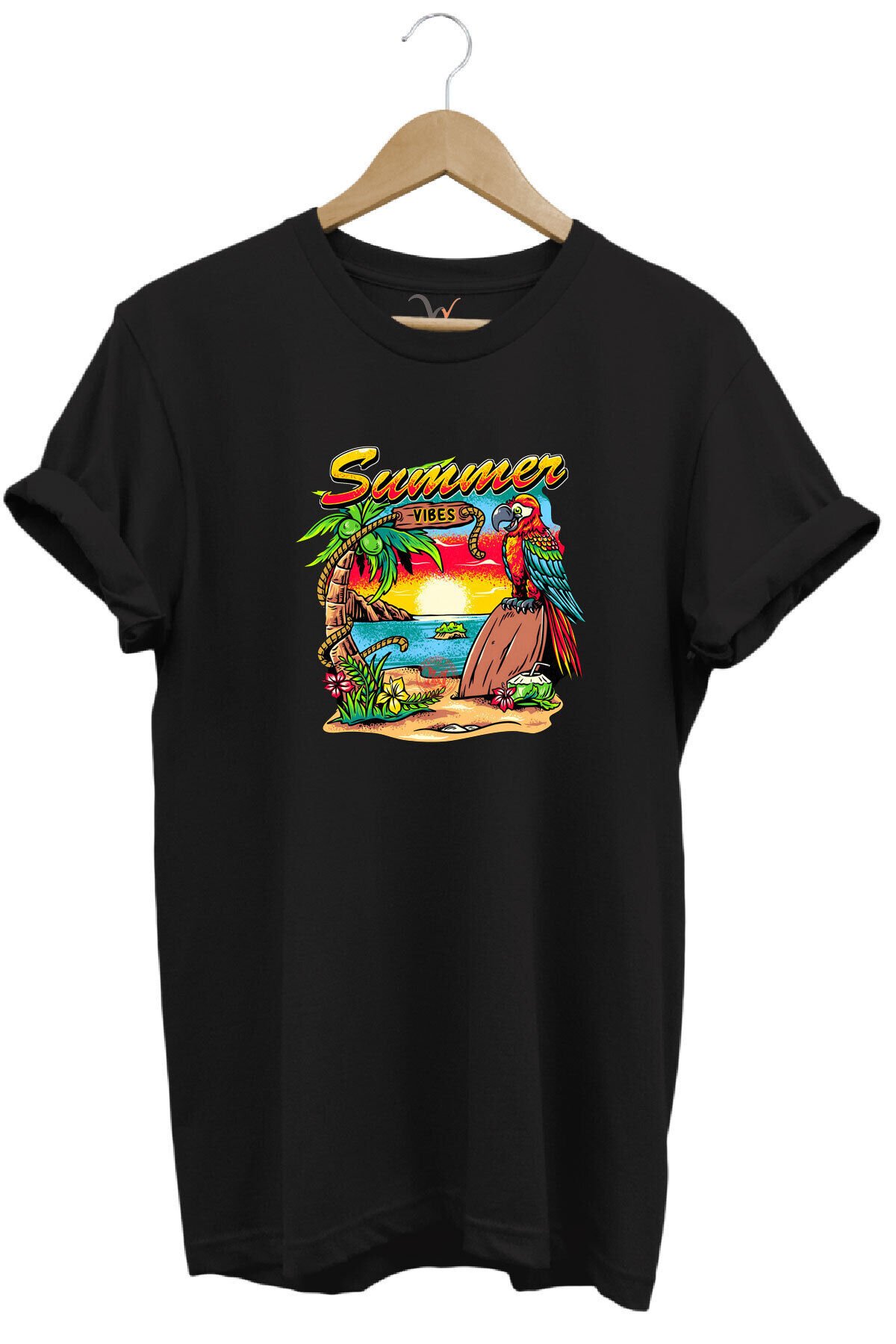 Renkli Summer Vibes Tasarım Baskılı Ve Papağan %100 Pamuk Regular Fit Premium Gri T-shirt Siyah - 3XL