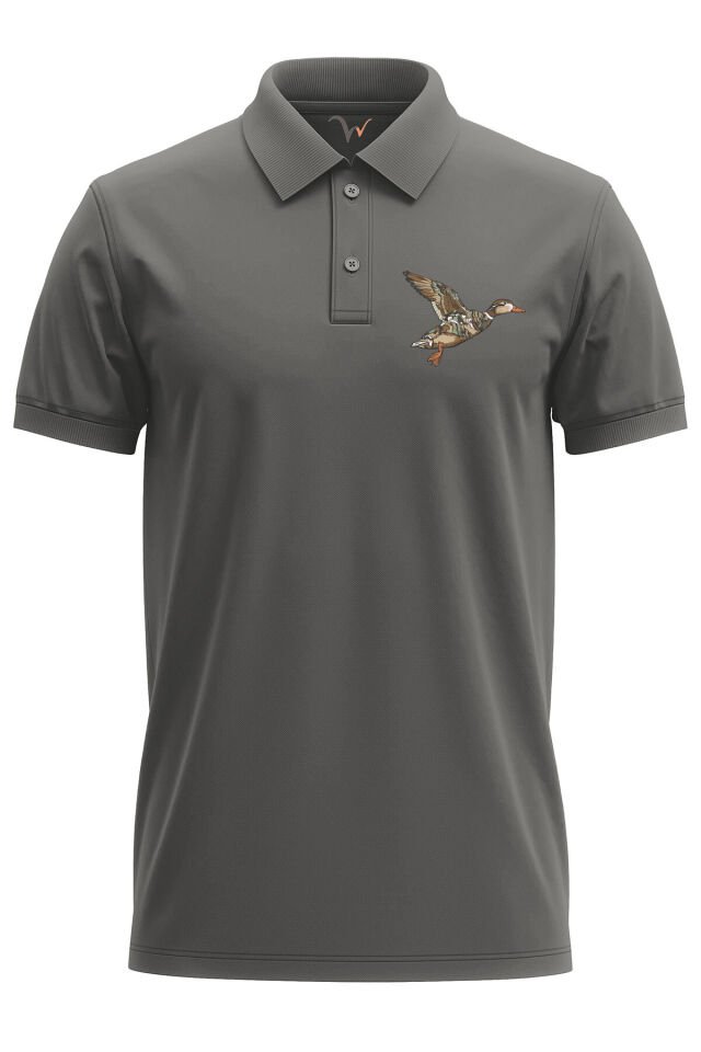 Avcılık Hunting Ördek Avı Kamuflaj Desenli Ördek Baskılı Regular Fit %100 Pamuk Polo Yaka T-Shirt Gri - 3XL