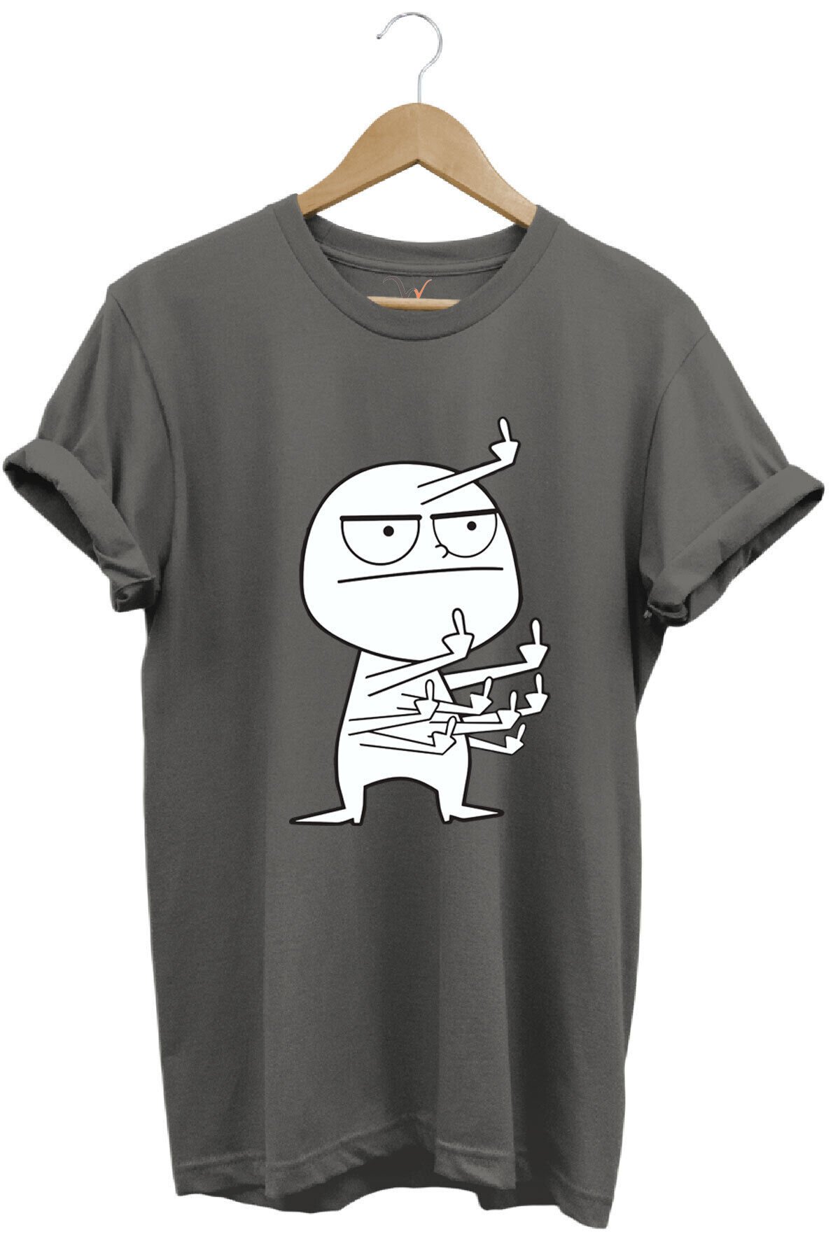 Eğlenceli Komik Orta Parmak Tasarım Baskılı %100 Pamuk Regular Fit Kırmızı T-shirt Gri - 2XL