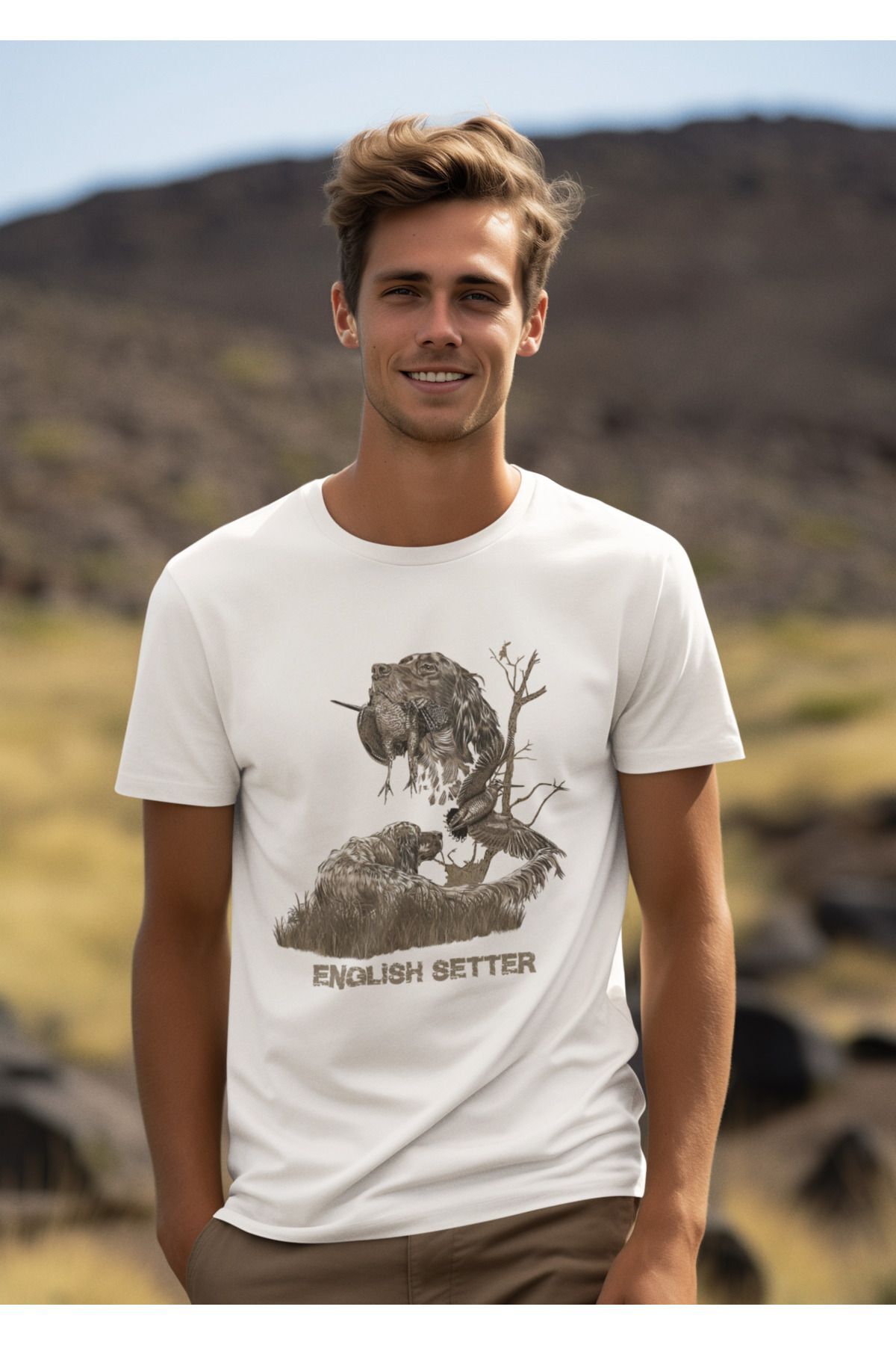 Avcılık Hunter Ağaçlı English Setter Çulluk Yazı Baskılı %100 Pamuk Regular Fit Yeşil T-shirt Beyaz - M