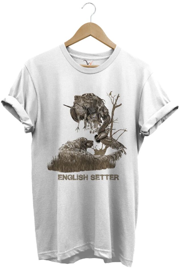Avcılık Hunter Ağaçlı English Setter Çulluk Yazı Baskılı %100 Pamuk Regular Fit Yeşil T-shirt Beyaz - M