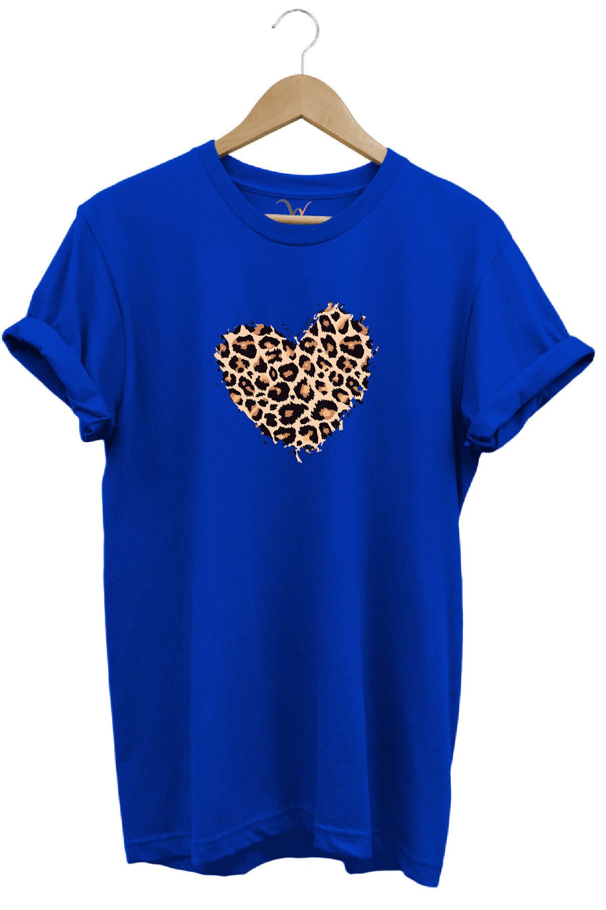Leopar Desenli Kalp Baskılı %100 Pamuk Regular Fit Bisiklet Yaka Lacivert T-shirt Mavi - M