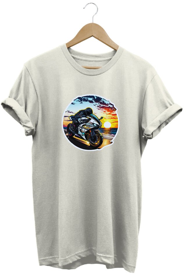 Unisex Motosiklet Temalı Grafik Baskılı Bisiklet Yaka Tişört T-shirt Ekru - S