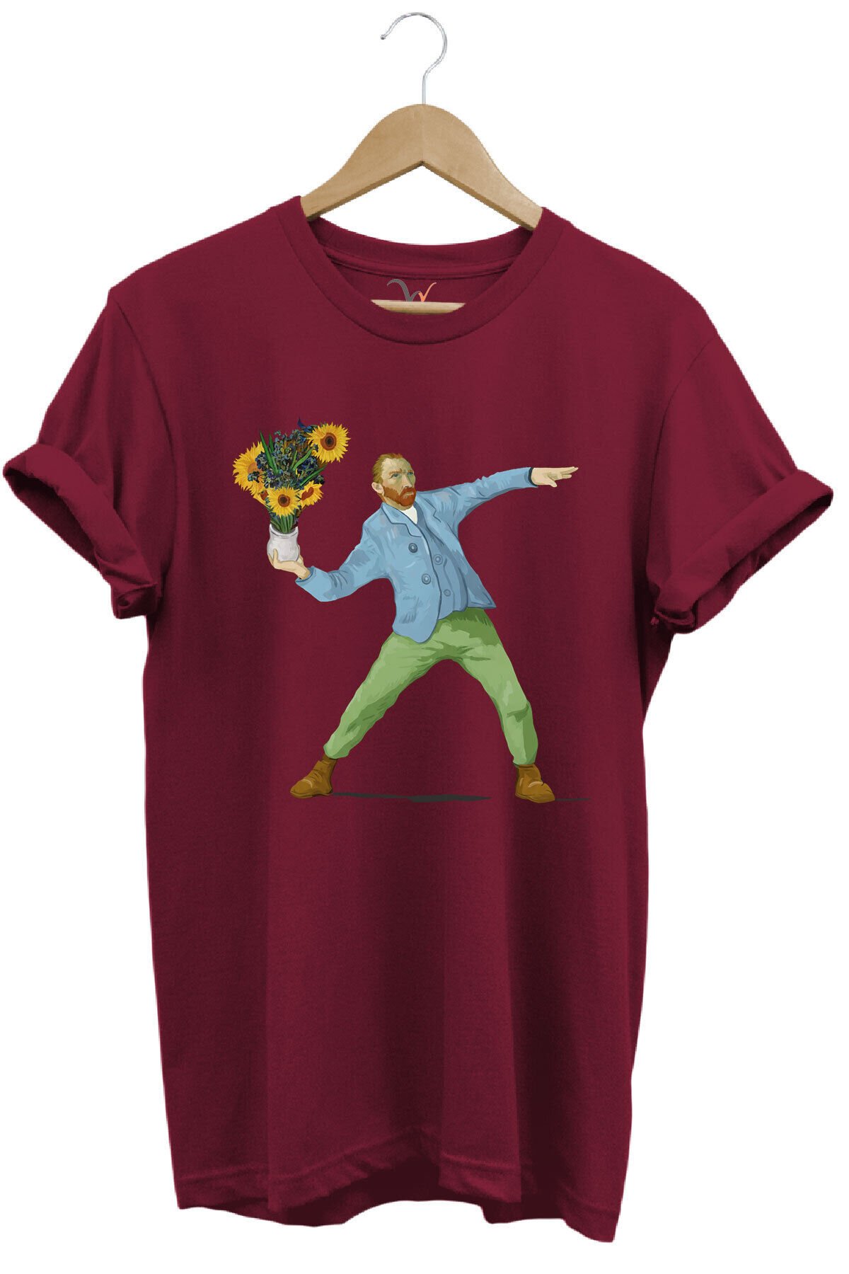 Sanatsal Portre Tasarım Baskılı ve Çiçekler %100 Pamuk Regular Fit Bisiklet Yaka T-shirt Bordo - XL