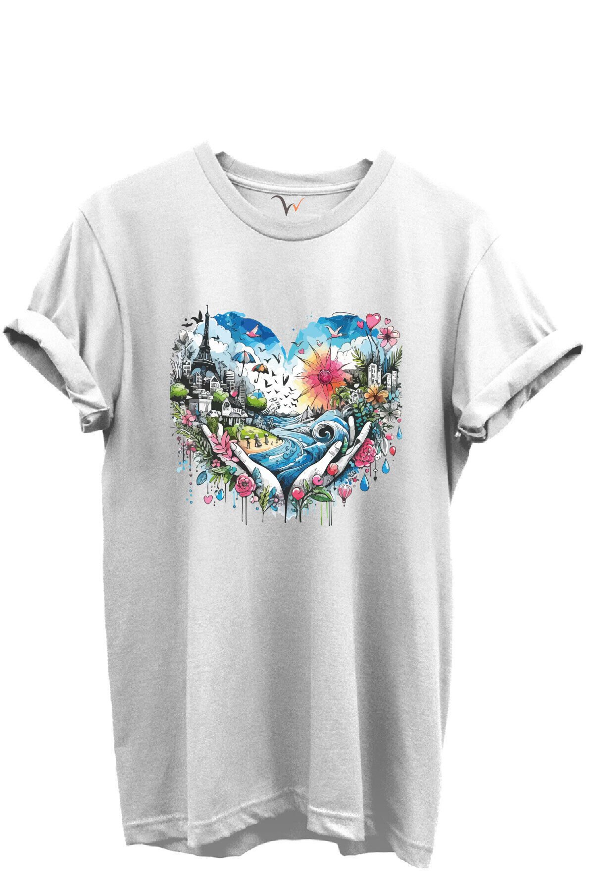Kalp Şehir Manzaralı Renkli Baskılı %100 Pamuk Regular Fit Unisex T-Shirt Beyaz - XL