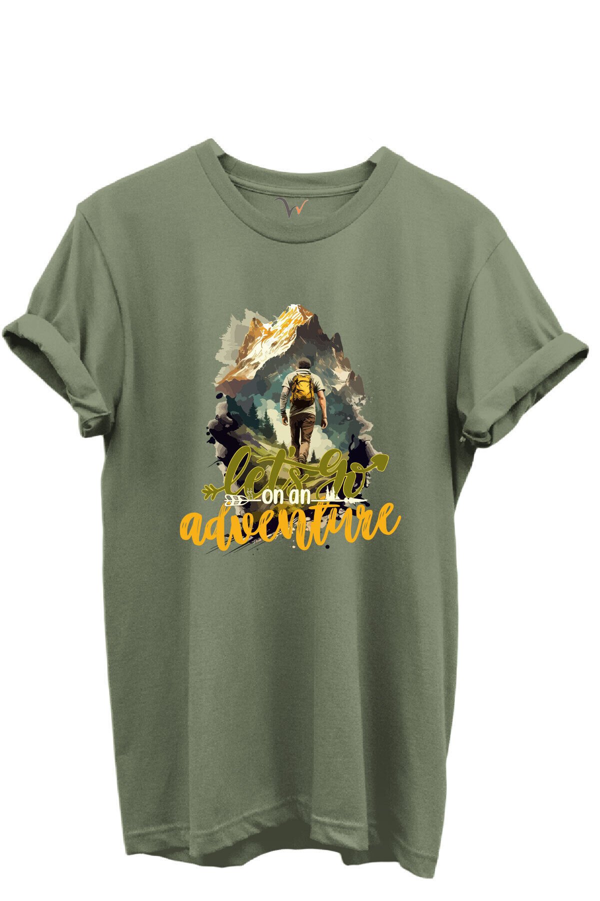 Let’s Go on an Adventure Yazılı Dağcı ve Doğa Temalı %100 Pamuk Regular Fit Unisex T-Shirt Haki - 2XL