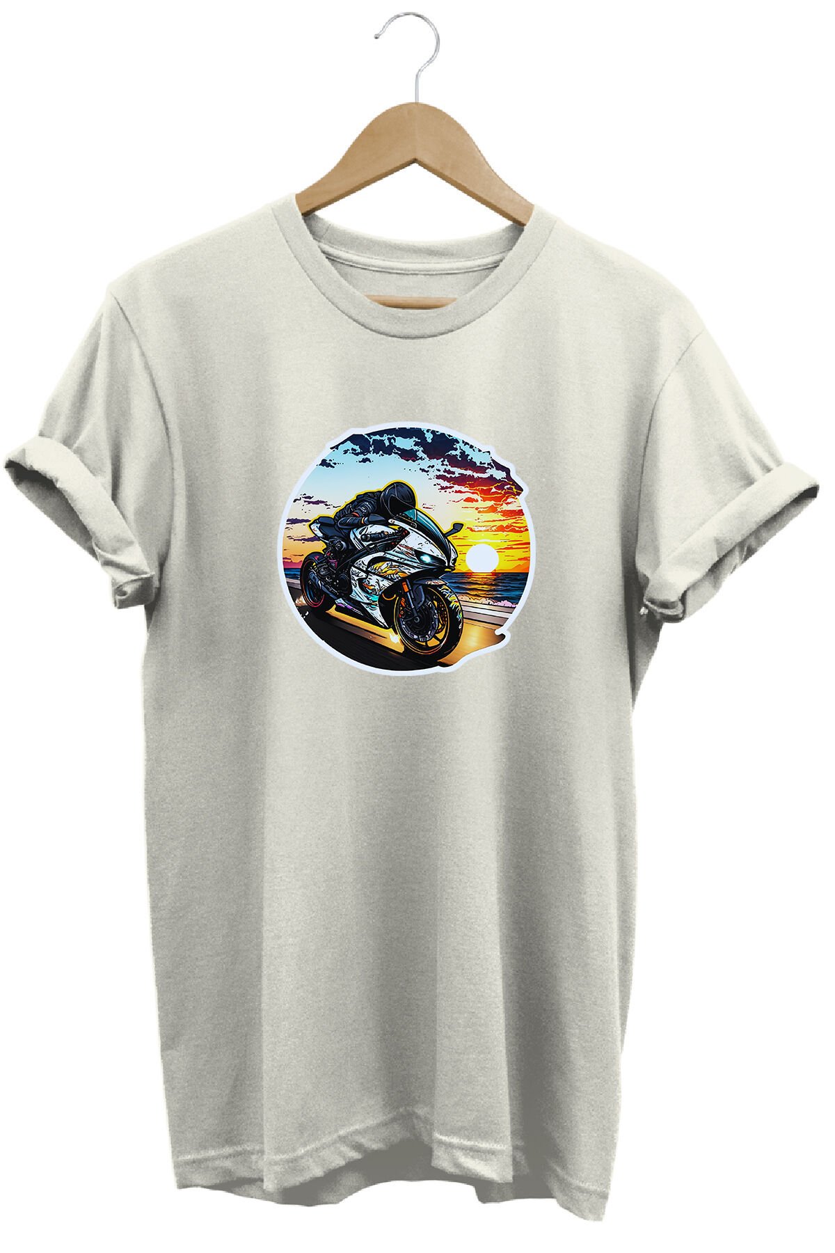 Unisex Motosiklet Temalı Grafik Baskılı Bisiklet Yaka Tişört T-shirt Ekru - XL
