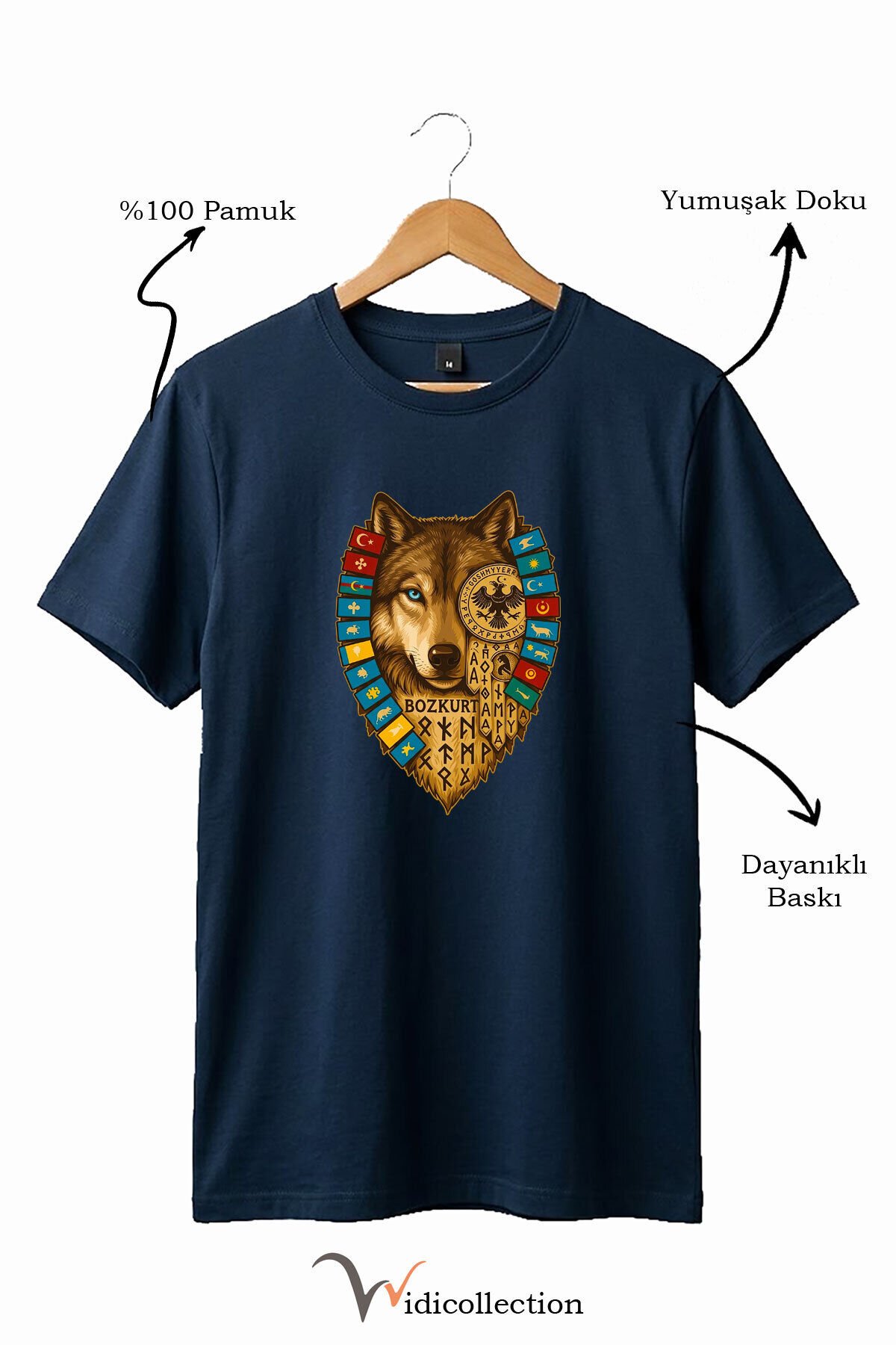 Bozkurt Göktürk Alfabeli ve Türk Devletleri Bayrakları Baskılı %100 Pamuk Regular Fit T-shirt Lacivert - XL