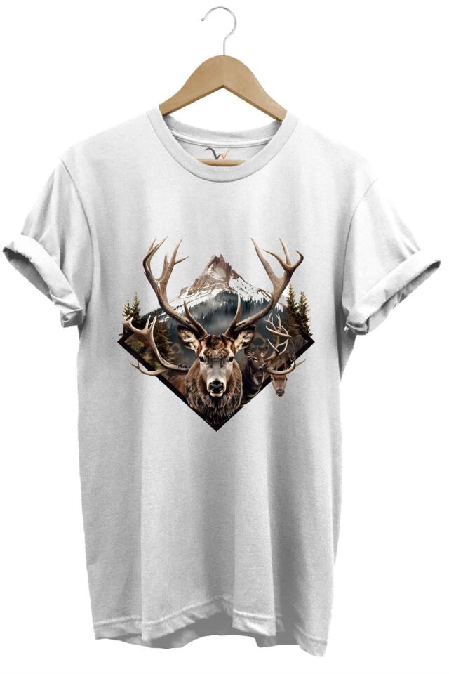 Avcılık Geyik Avı Dağ Doğa Baskılı Minimal Regular Fit %100 Pamuk T-Shirt - Antrasit S