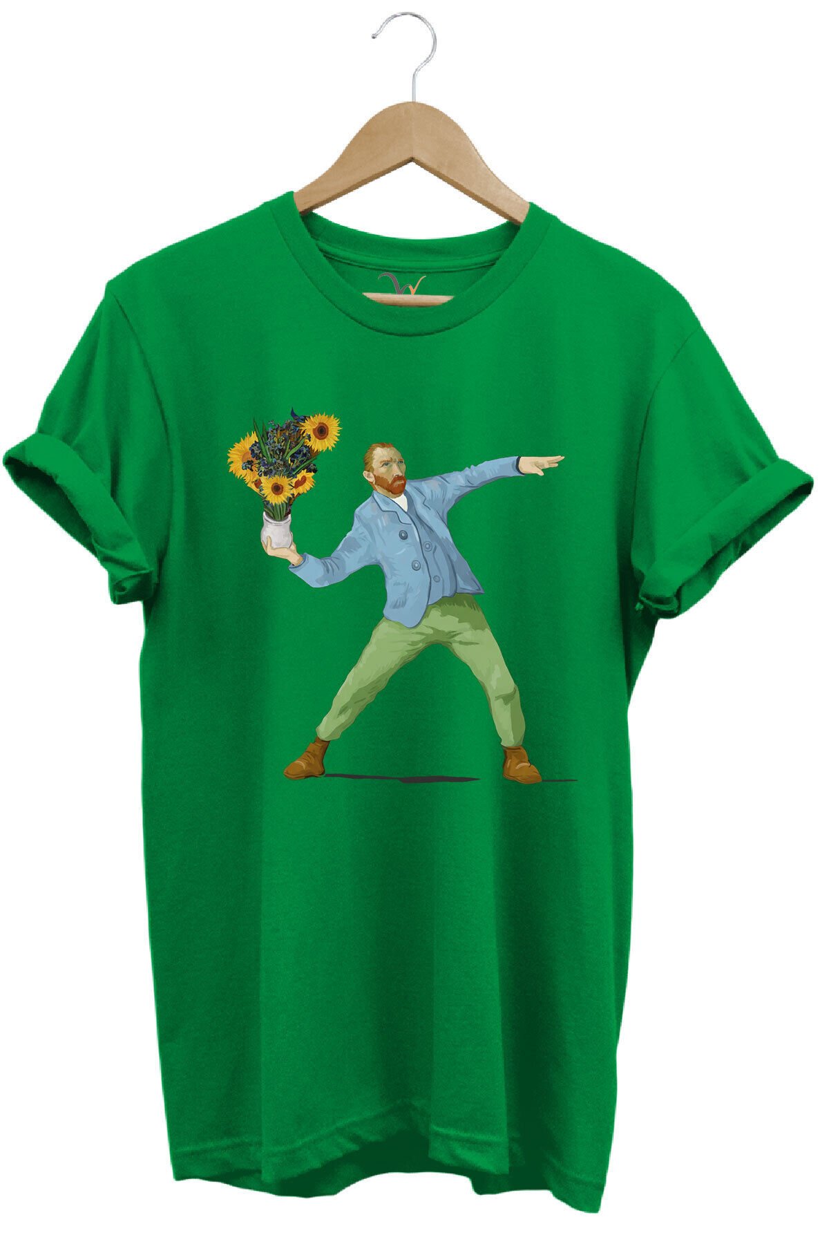 Sanatsal Portre Tasarım Baskılı ve Çiçekler %100 Pamuk Regular Fit Bisiklet Yaka T-shirt Yeşil - 3XL