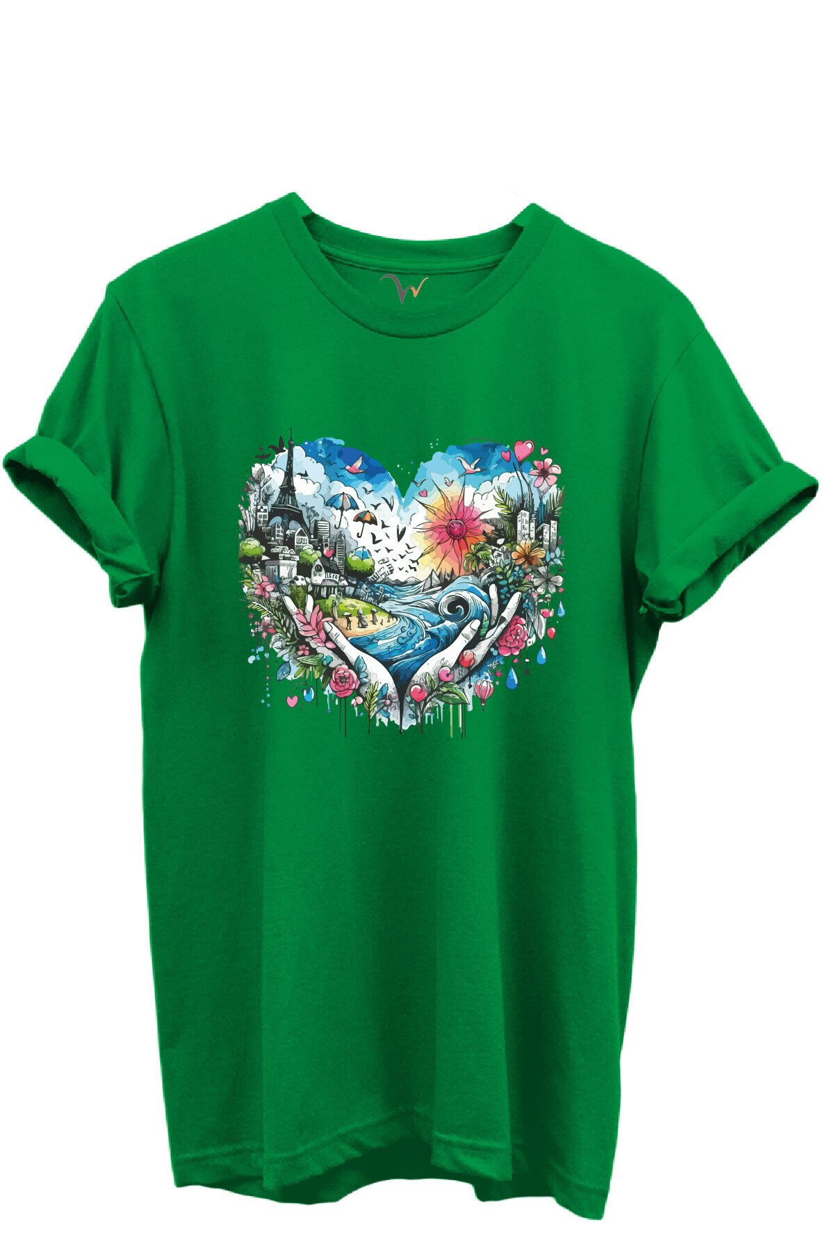 Kalp Şehir Manzaralı Renkli Baskılı %100 Pamuk Regular Fit Unisex T-Shirt Yeşil - 2XL