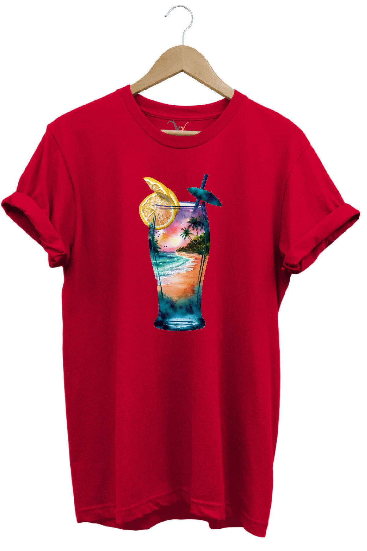 Summer Yaz Havasa ve Kokteyl Baskılı %100 Pamuk Unisex Regular Fit T-Shirt Kırmızı - S