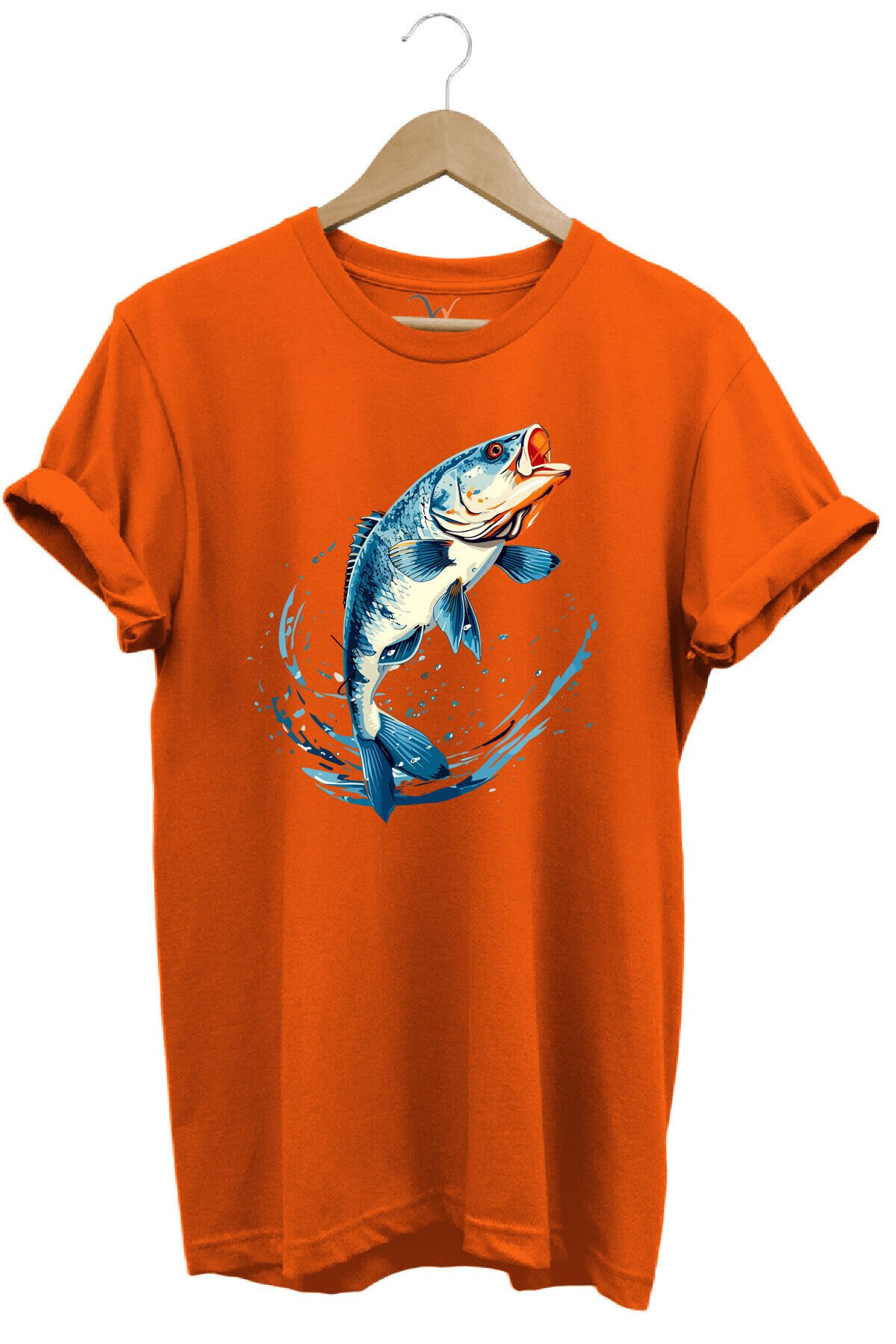 Balıkçılık Levrek Balığı Baskılı Renkli Tasarım %100 Pamuk Regular Fit Bisiklet Yaka Kırmızı T-shirt Turuncu - S