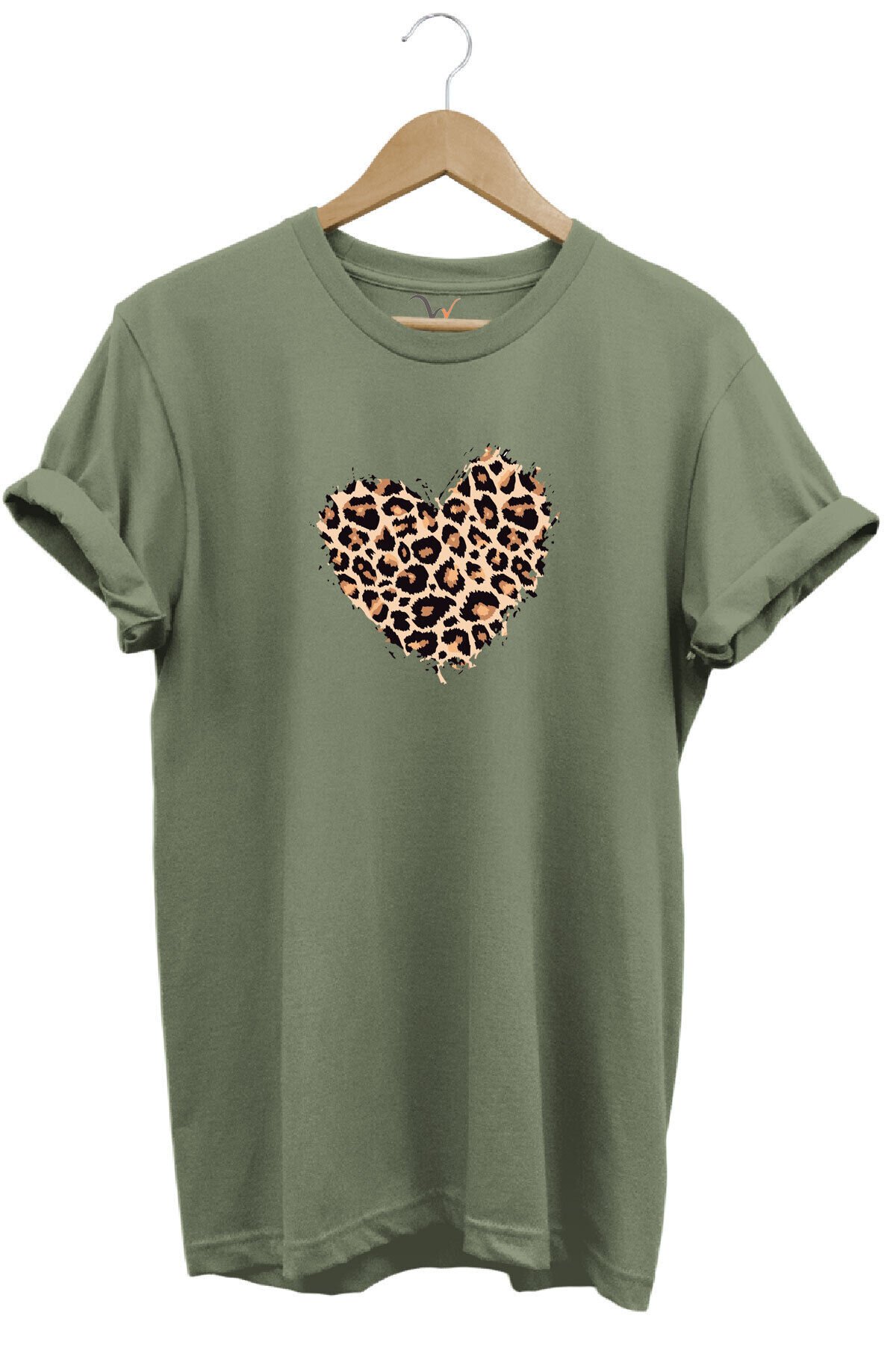 Leopar Desenli Kalp Baskılı %100 Pamuk Regular Fit Bisiklet Yaka Lacivert T-shirt Haki - XL