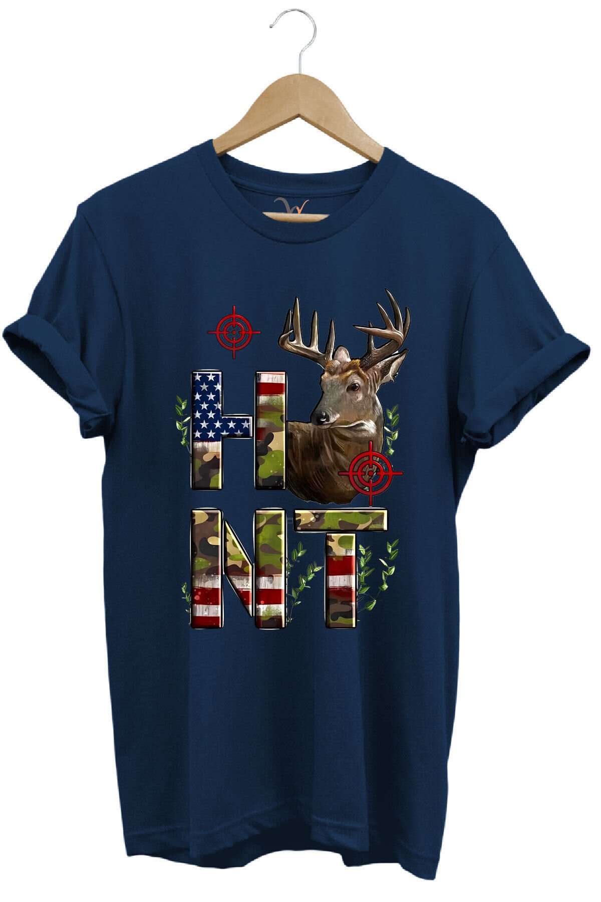 Hunting Avcılık Geyik ve Kamuflaj Hunt Yazı Baskılı %100 Pamuk Regular Fit Bisiklet Yaka T-Shirt Lacivert - L