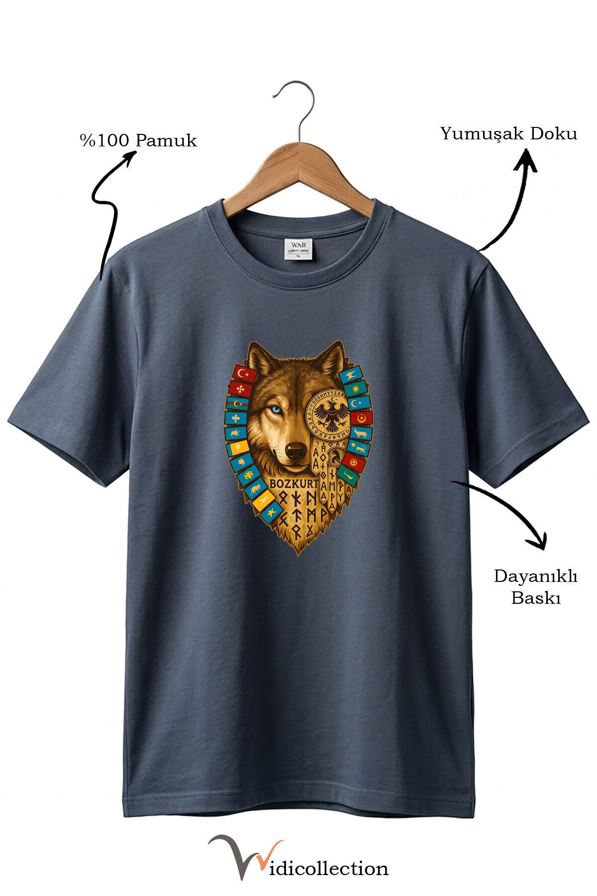 Bozkurt Göktürk Alfabeli ve Türk Devletleri Bayrakları Baskılı %100 Pamuk Regular Fit T-shirt Antrasit Gri - S