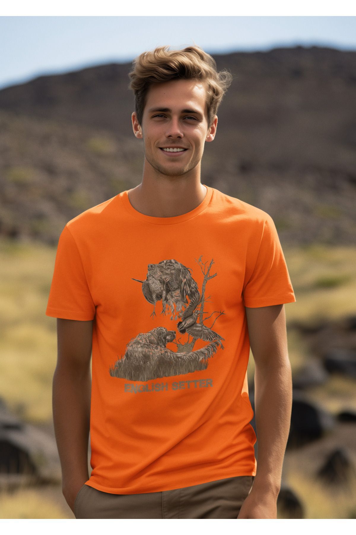 Avcılık Hunter Ağaçlı English Setter Çulluk Yazı Baskılı %100 Pamuk Regular Fit Yeşil T-shirt Turuncu - L